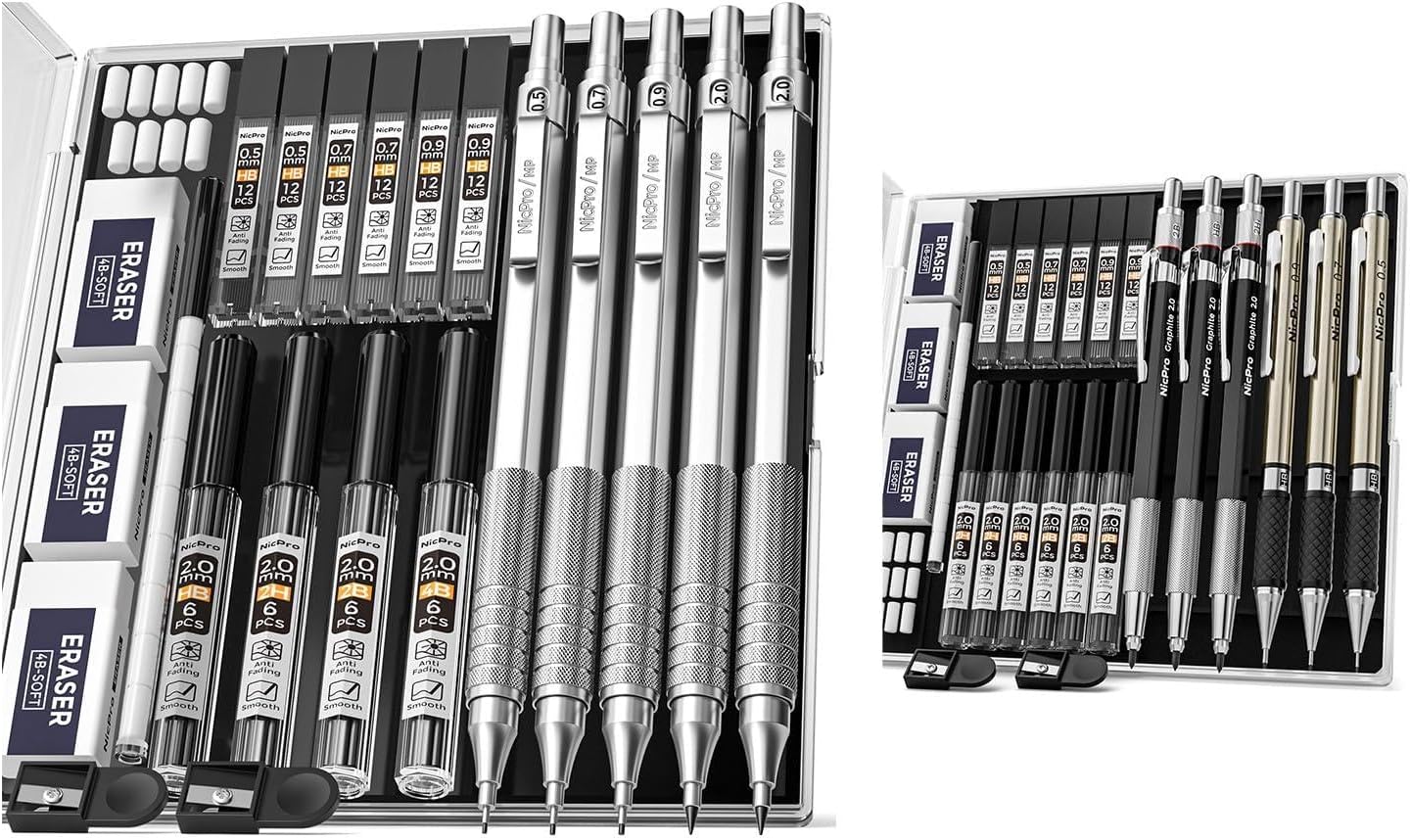 Nicpro 6PCS Full Metal Mechanical Pencil & 5 PCS Silver Full Metal Mechanical Pencil