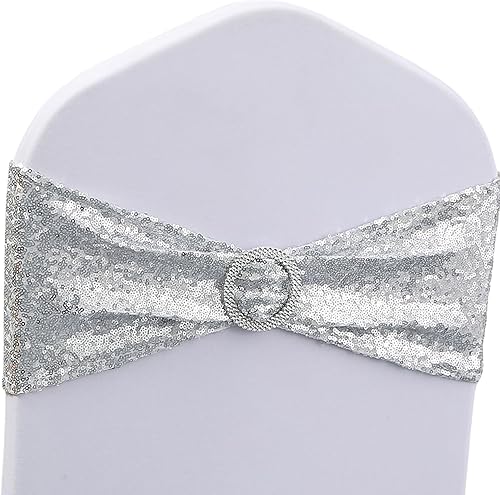 Miniatura 9 de Paquete de 50 bandas doradas de lentejuelas para silla, lazos dorados para decoración de sillas plegables de boda, fiesta, banda dorada con hebillas