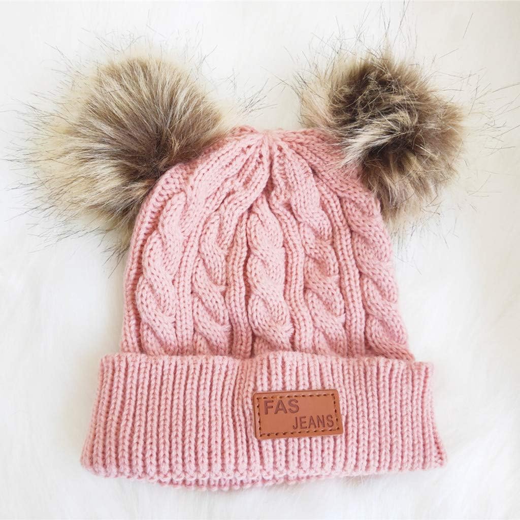 Infant Toddler Beanie Woolen Hat Pure Color Winter Twist Double Pom Pom Wool Knitted Cap for 0-13 Years Old…