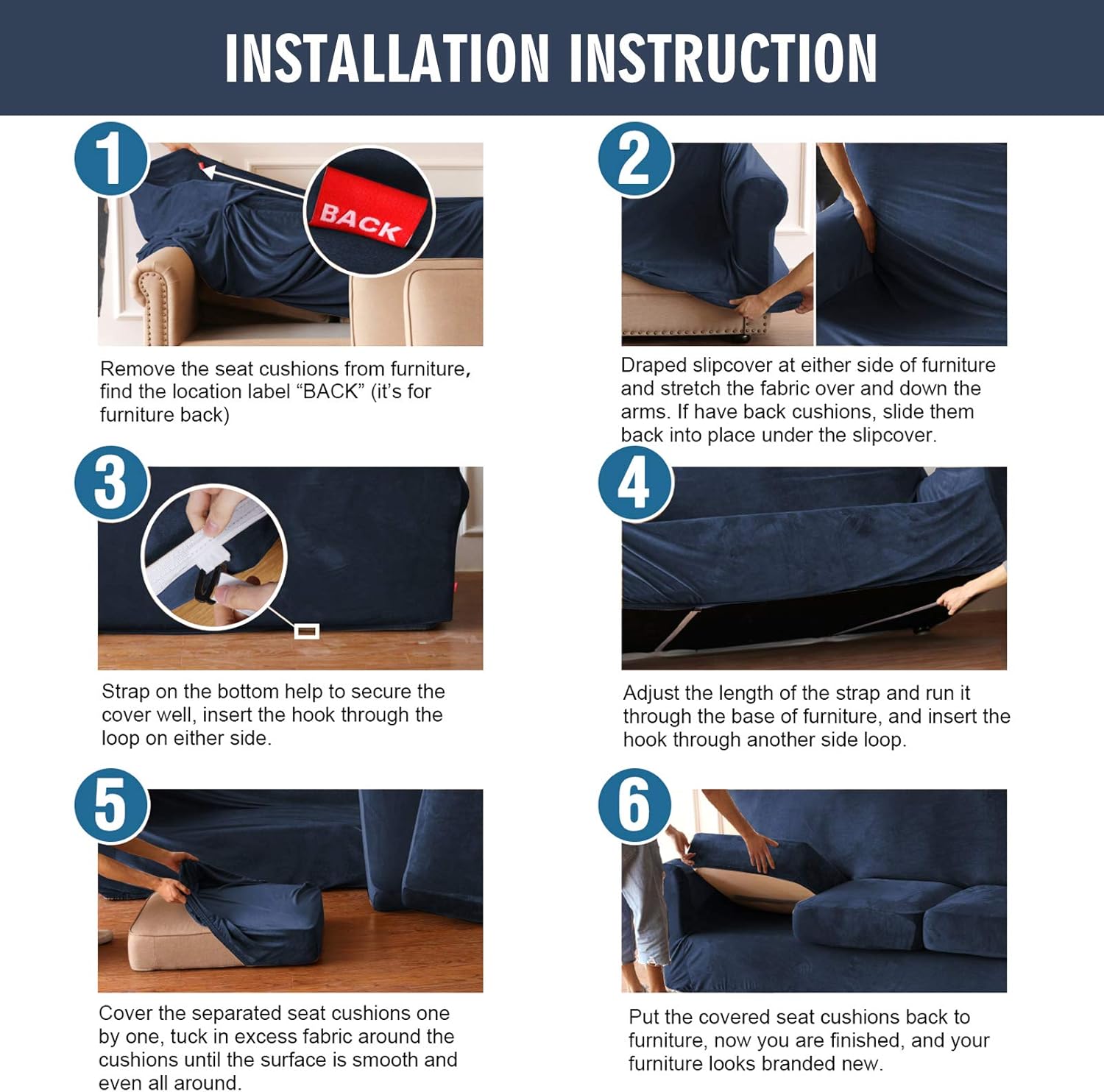ele ELEOPTION Sofa Cover Velvet Sofa Covers Plush Stretch Couch Covers with Cushion Covers for Living Room, Secure with Straps (Navy, 3 Seat)
