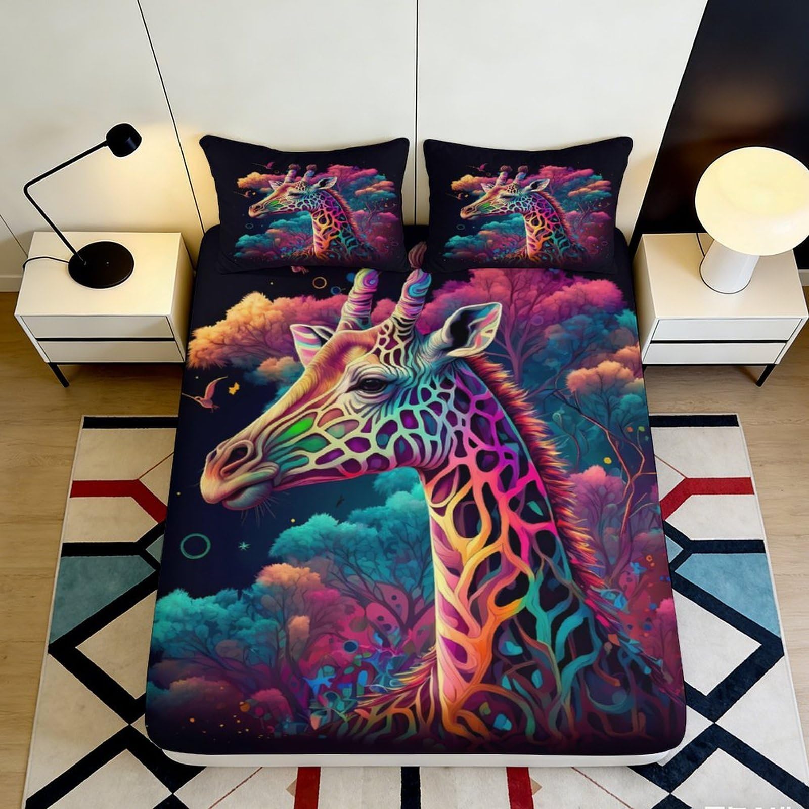 3D Printed Colorful Giraffe Fitted Sheet Microfiber Soft Vibrant Forest Bed Cover for Bedroom Dorm Mattress Decor 90x200x25cm