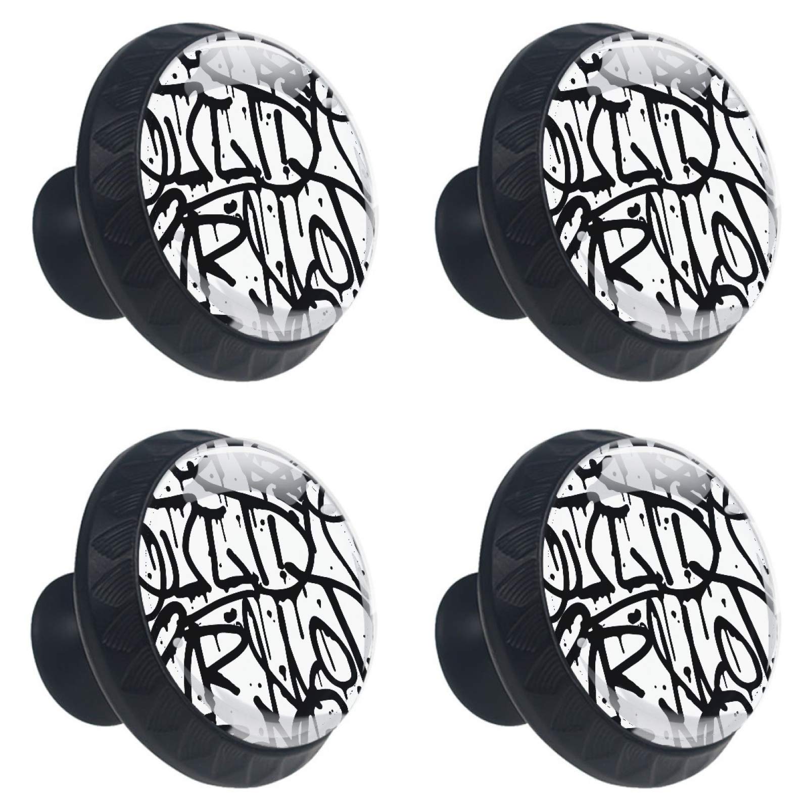 Boutons de meuble ronds en verre lot de 4 poignées graffiti noir et blanc de 30 mm