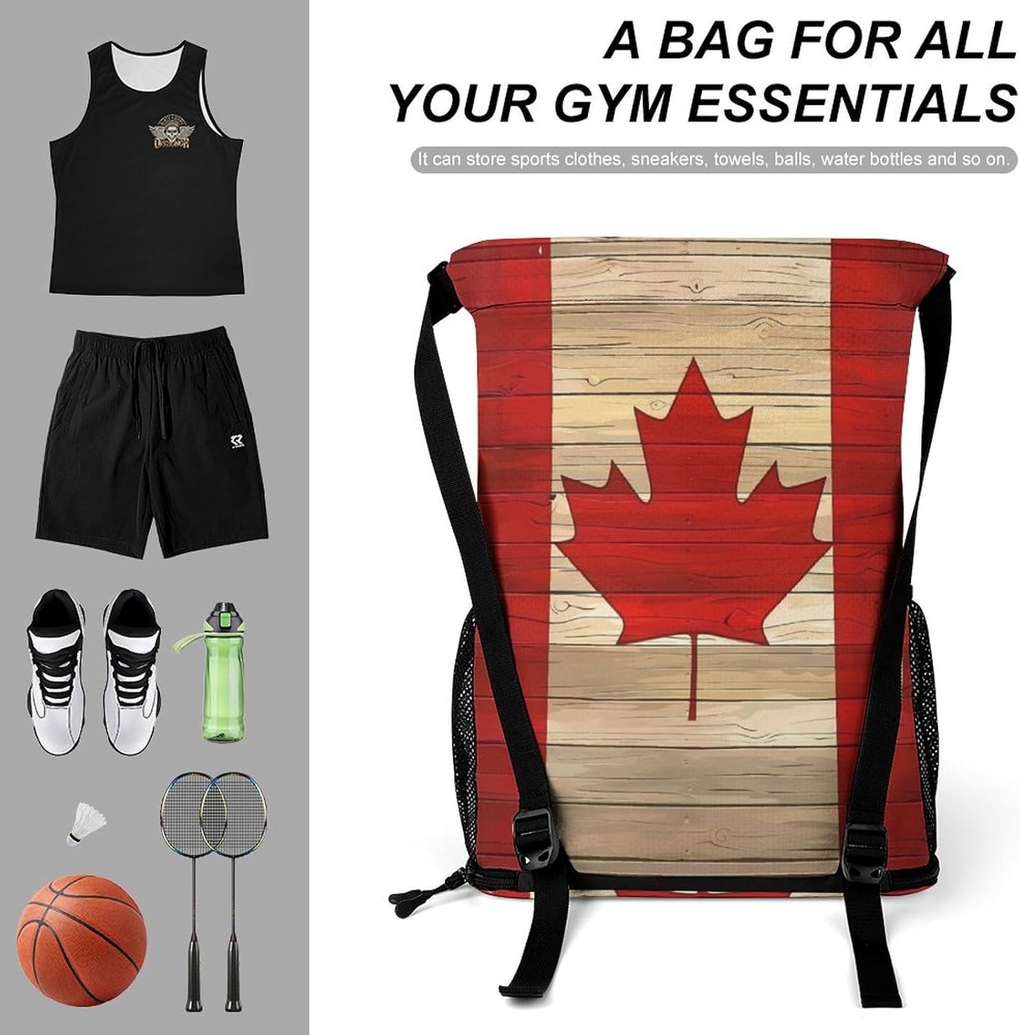Canadian Flag Wooden Printed Drawstring Backpack Sports String Bag Gym Sackpack for Basketball Sport Beach