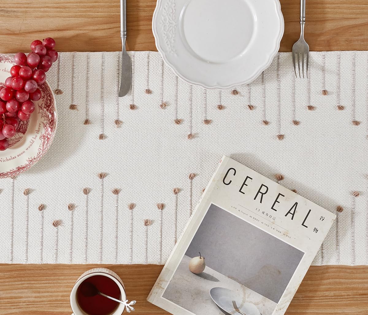 Wracra Boho Table Runner, Natural Cotton Woven Macrame Table Runners 108 Inches Long for Modern Farmhouse Woven Home Decor, 14x108 Inch, Taupe