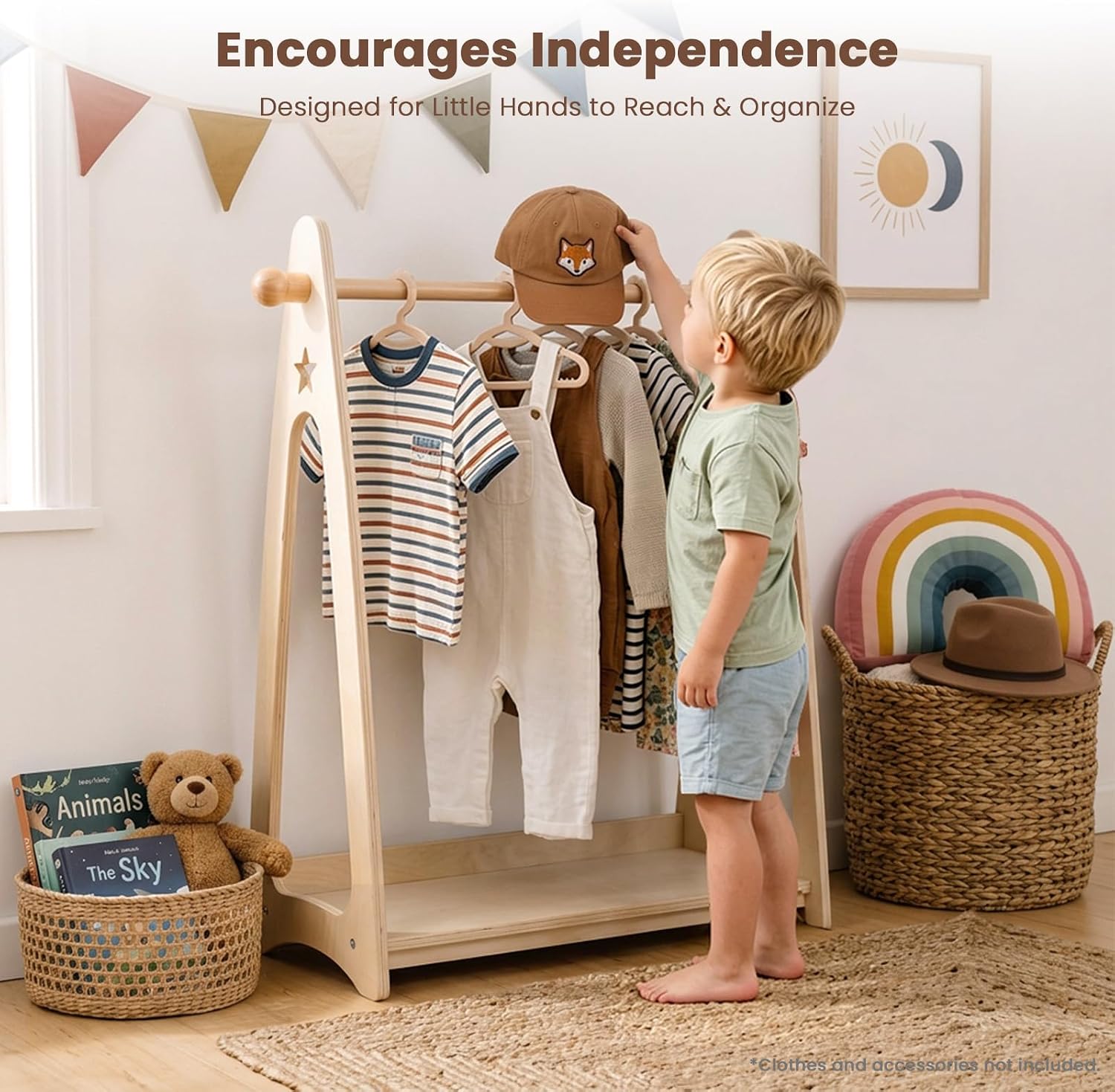 Kids Dress Up Rack for Girls Boys and Toddlers Ages 2-6, Natural Wood Kids Clothing Rack with Shelf, Side Hooks, Costume Rack and Dress Up Storage Organizer for Bedroom Playroom Nursery