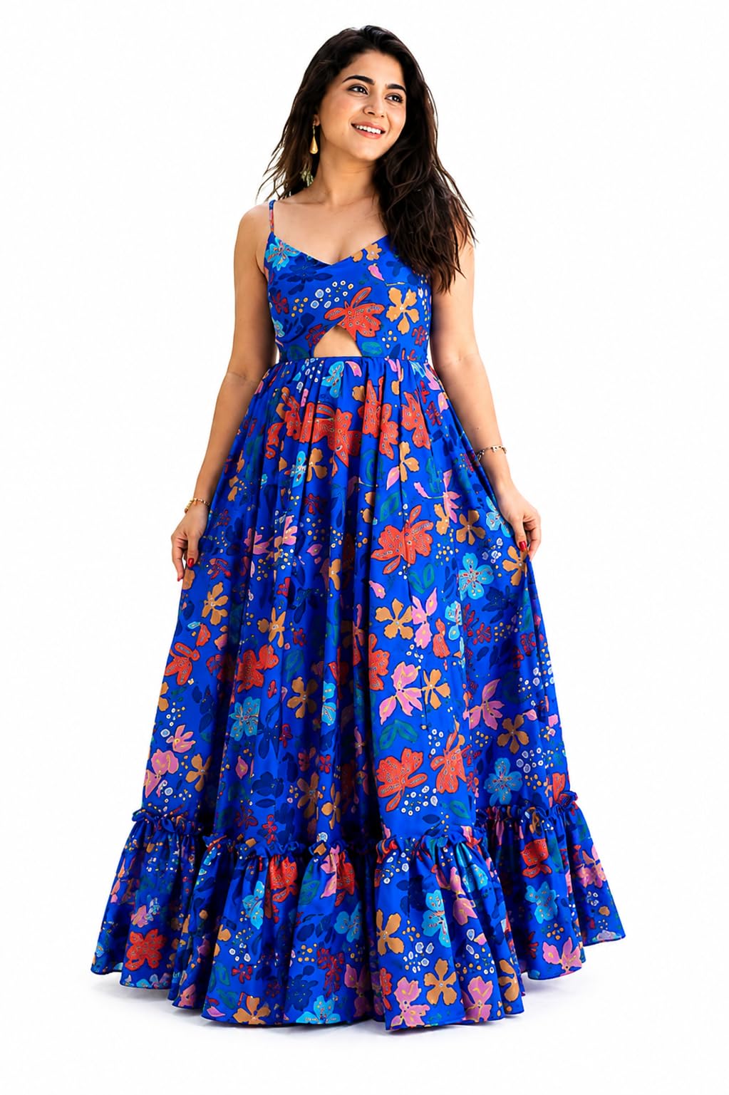 ANG VASTRA Women's Blue Floral Printed Poly Rayon Maxi Long Gown | Sleeveless Flared Dress | Casual, Party & Vacation Wear-picture-42