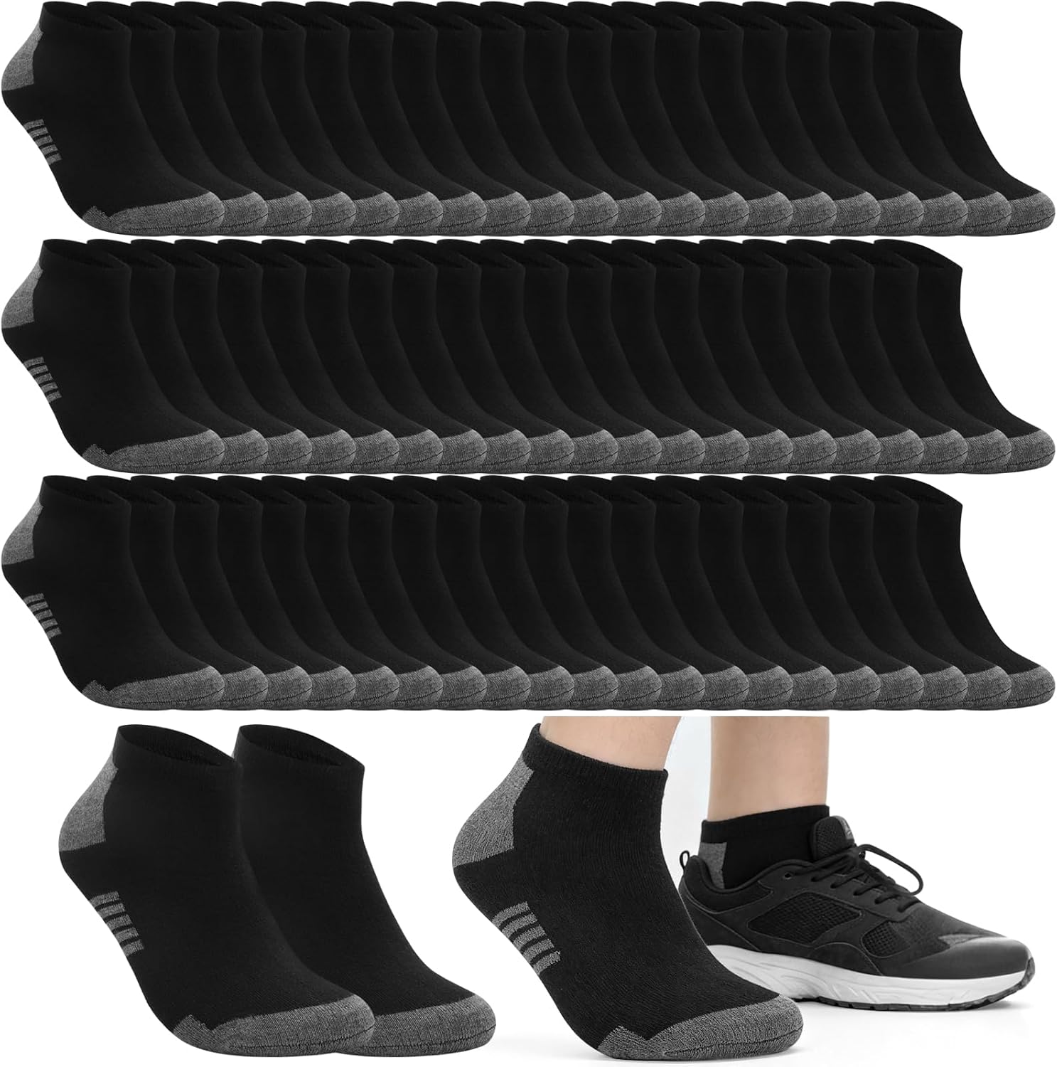 30 Pairs Men's Lightweight Ankle Socks Size 13-15, Big and Tall Thin Low Cut Socks, Breathable Multi-Pack, Non-Bulky Daily Casual Socks, Black & Grey