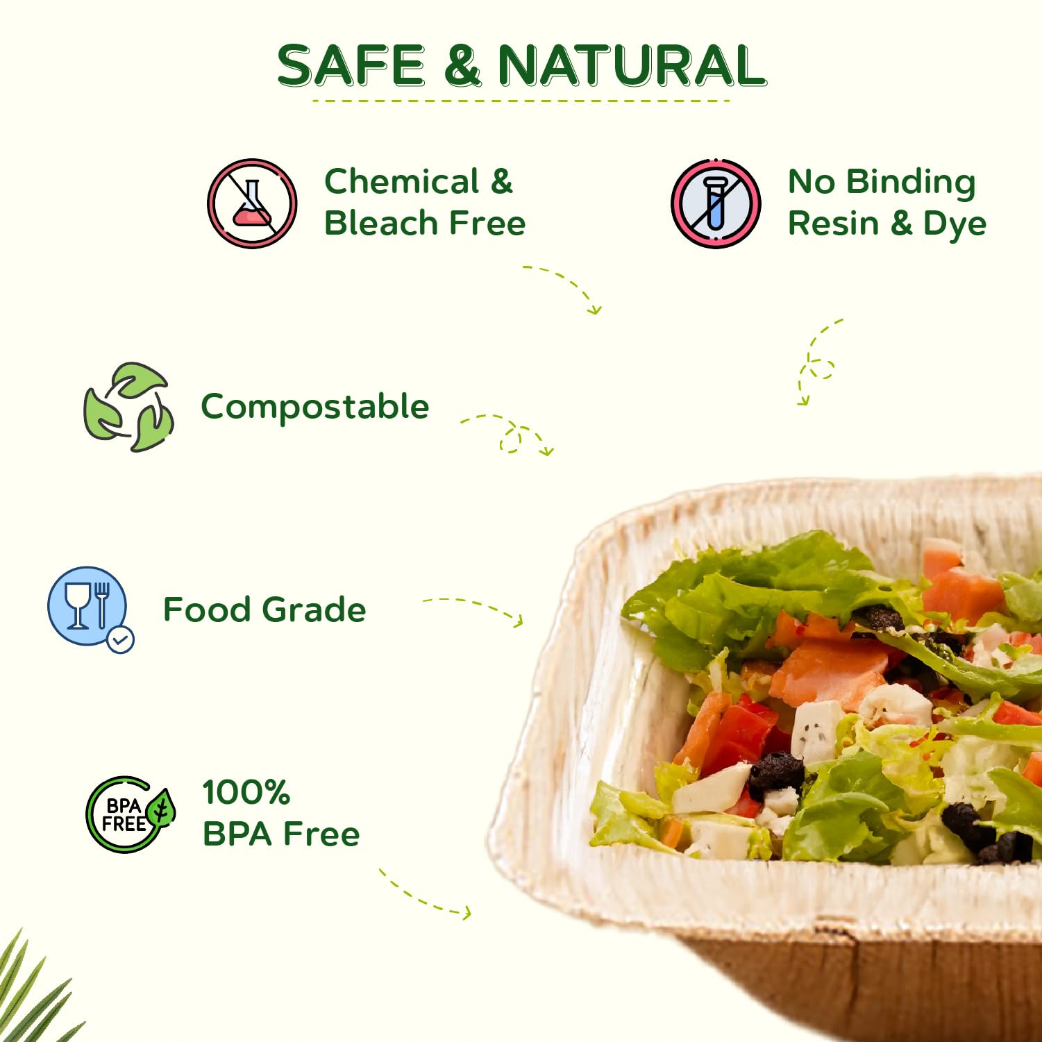 ECO Leaf 25 Disposable Palm Leaf Square Bowls 7" (18cm), 525ml (18oz), Compostable Soup, Dessert & Salad Bowls, Deep Square - Image 4