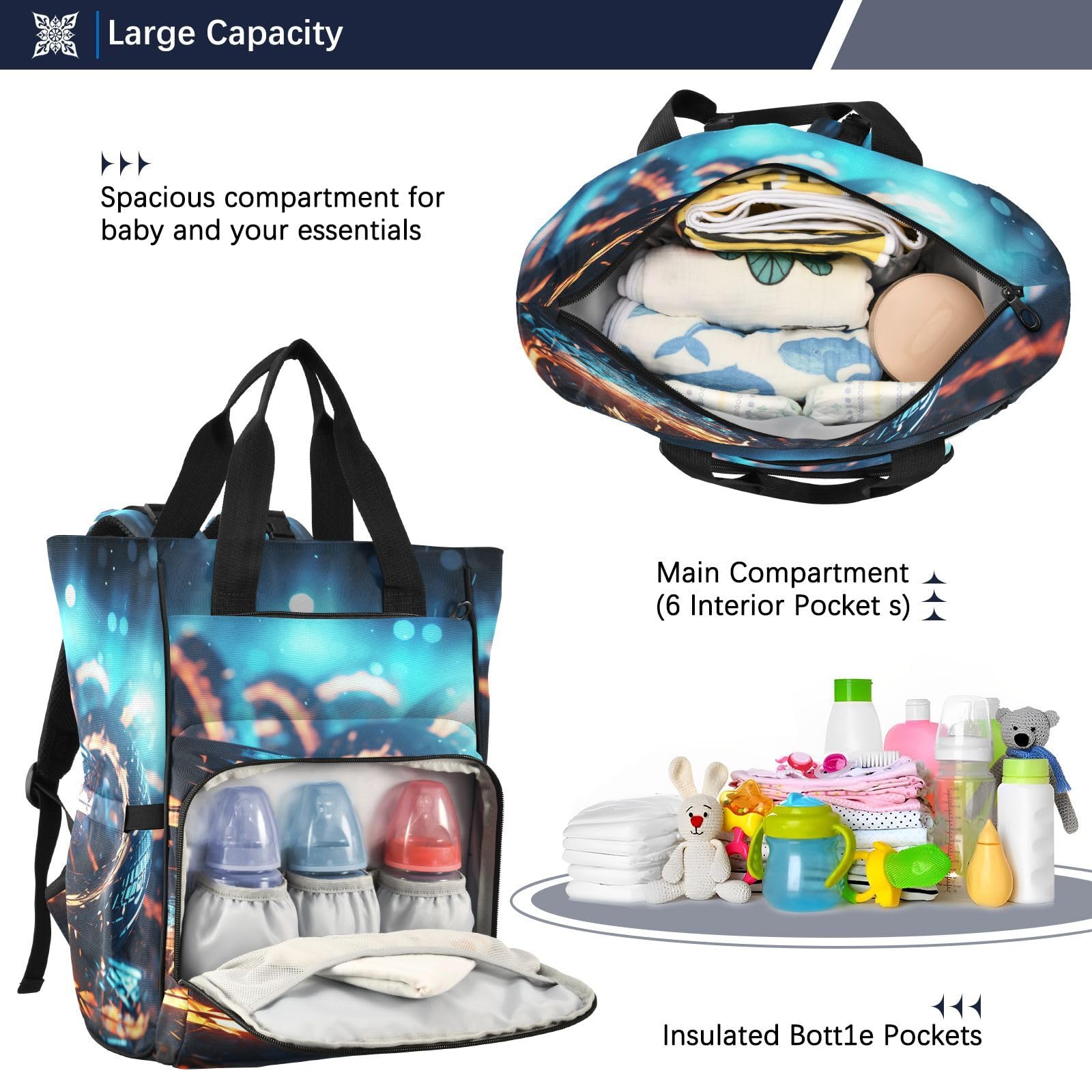 Serpientes Azules Fluido Brillante Mochilas de Pañales para Gran Capacidad Pañal Bolso Mochila para Viajar al Aire Libre Mamá y Papá