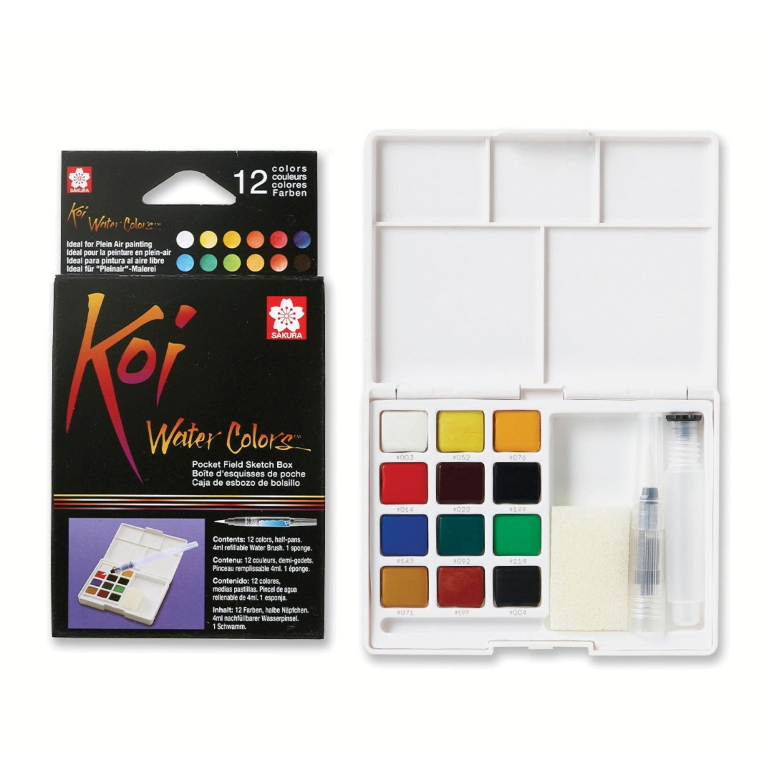 SAKURA Koi Watercolor Pocket Box with 12 Colors | Plein-Air Watercolor Set with Water Brush, Palette & Sponge