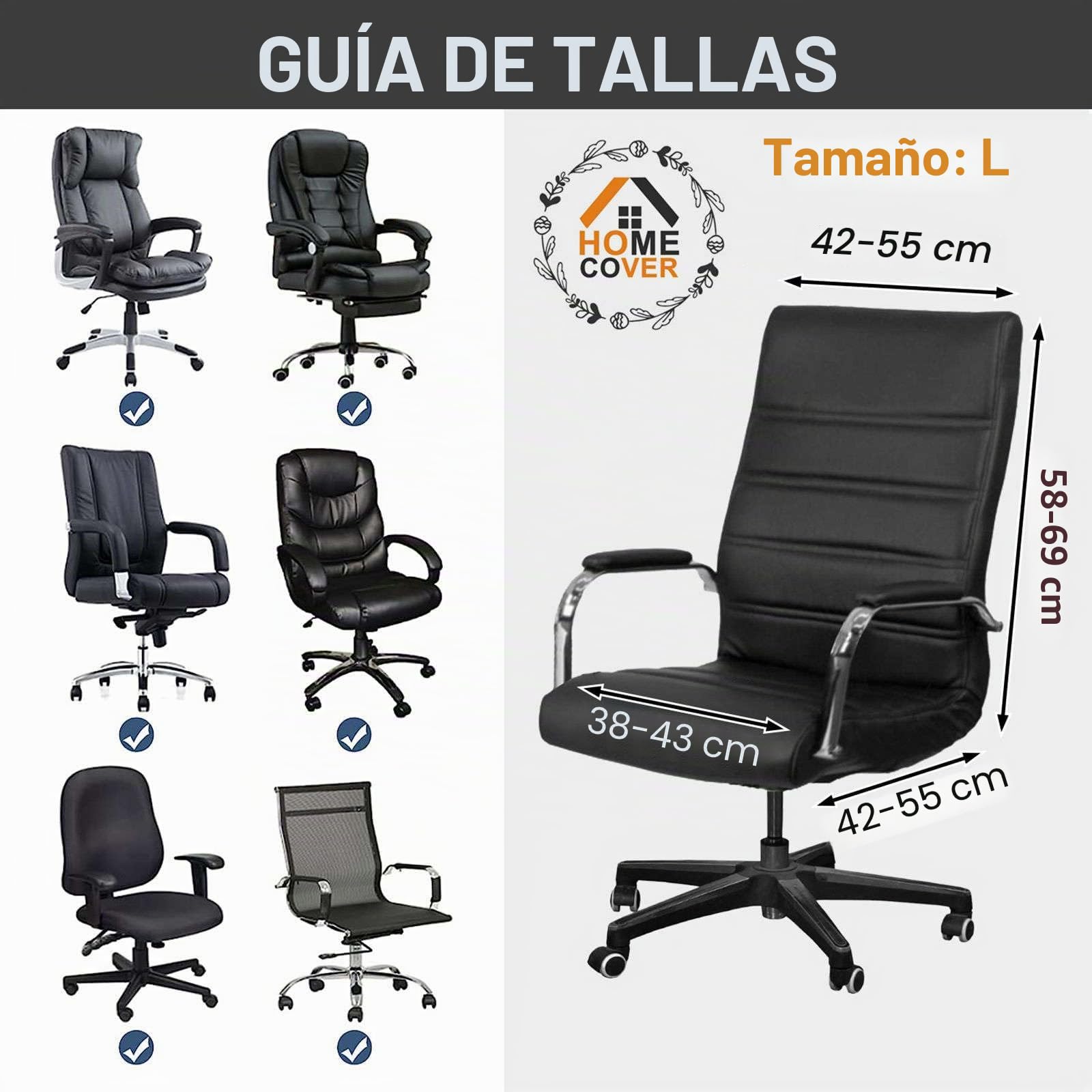Elástica Funda para Silla De Oficina Impermeable, Universal De Piel Sintética Giratorio Cubiertas De La Silla De La Computadora con Fundas De Reposabrazos Extraíble-Negro-Large