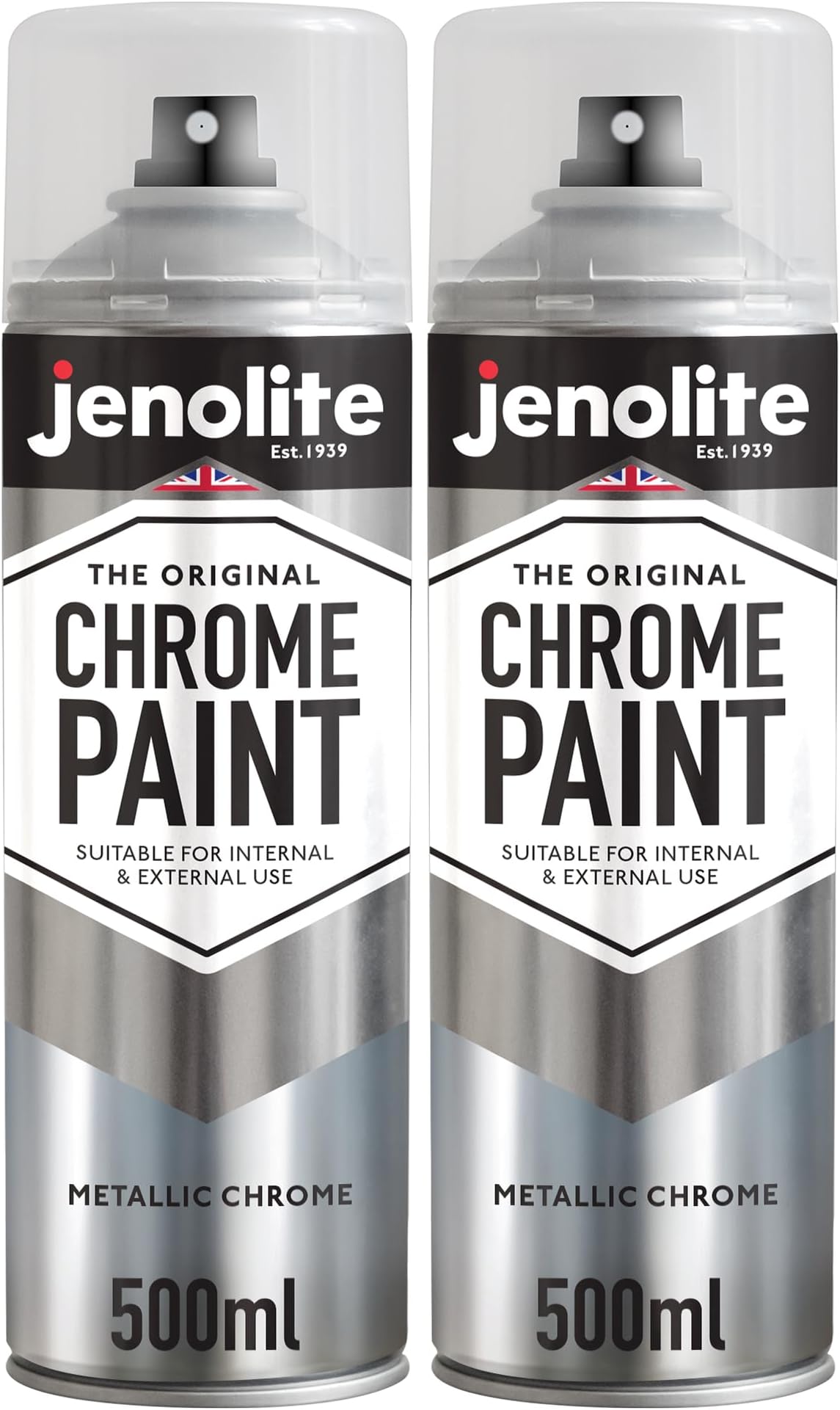 JENOLITE Chrome Spray Paint - 2 x 500ml | Smooth Metallic Silver | Chrome Colour | Multi-Surface Paint For Metal, Wood, Plastic, Ceramic | Suitable For Interior & Exterior Use