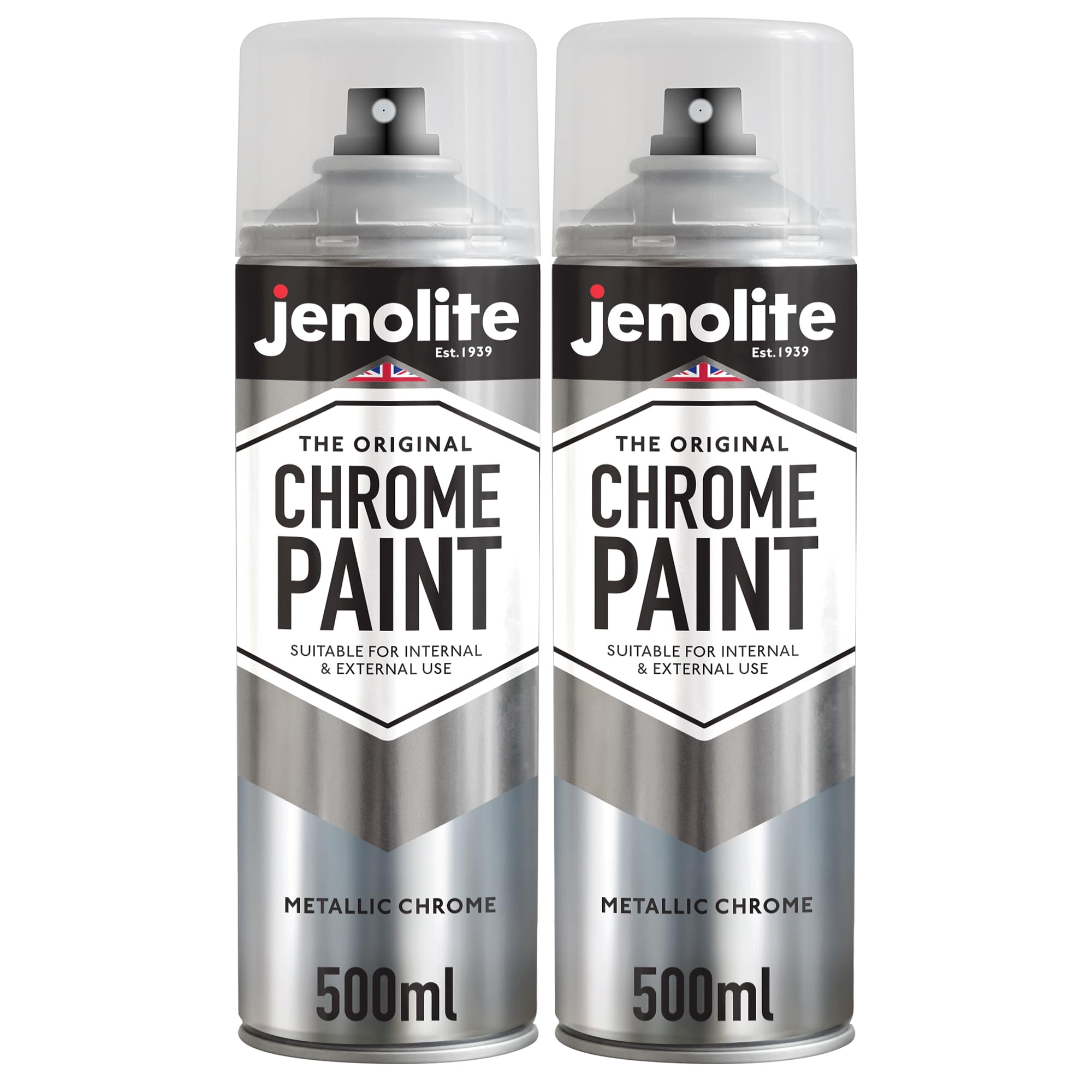 JENOLITE Chrome Spray Paint - 2 x 500ml | Smooth Metallic Silver | Chrome Colour | Multi-Surface Paint For Metal, Wood, Plastic, Ceramic | Suitable For Interior & Exterior Use
