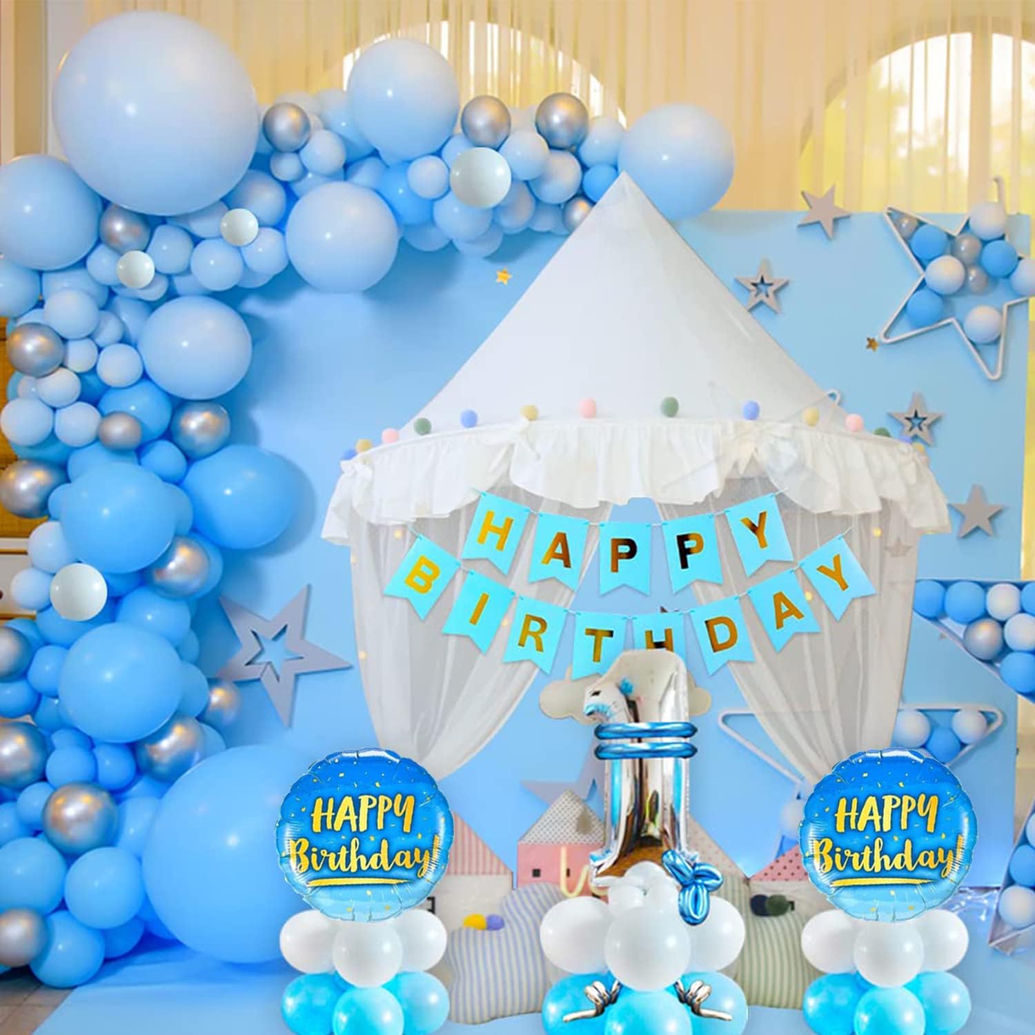 54Pcs Blue Rubber Boys 1st Birthday Decoration Kit - Birthday Balloons, Cloud, Star, Moon, Number 1 Theme