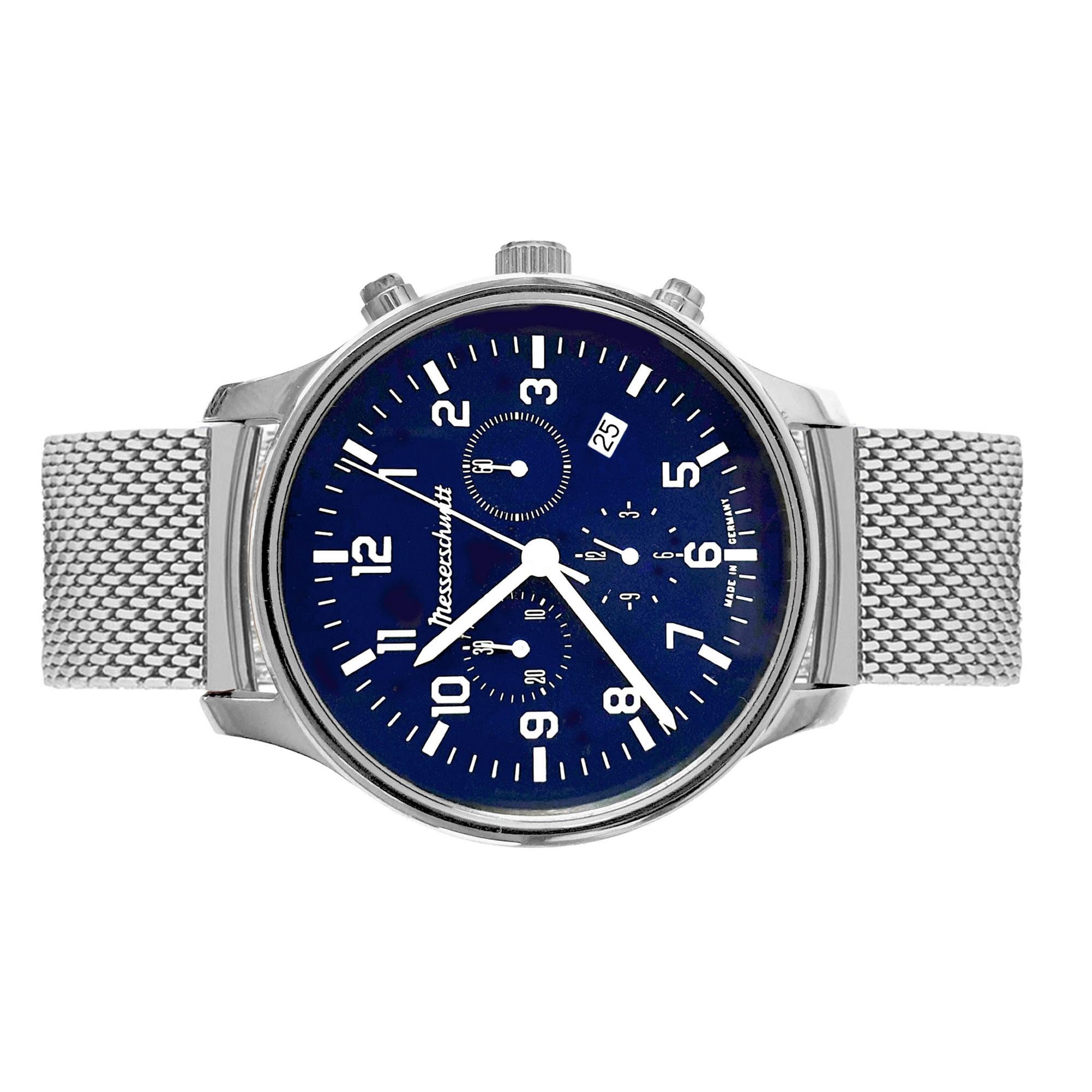 Messerschmitt Orologio da uomo ME42CH-M – Eleganza e precisione – Quadrante laccato blu cobalto in combinazione con cassa in acciaio inox satinato – Ø 42 mm – Cinturino in maglia milanese – Made in