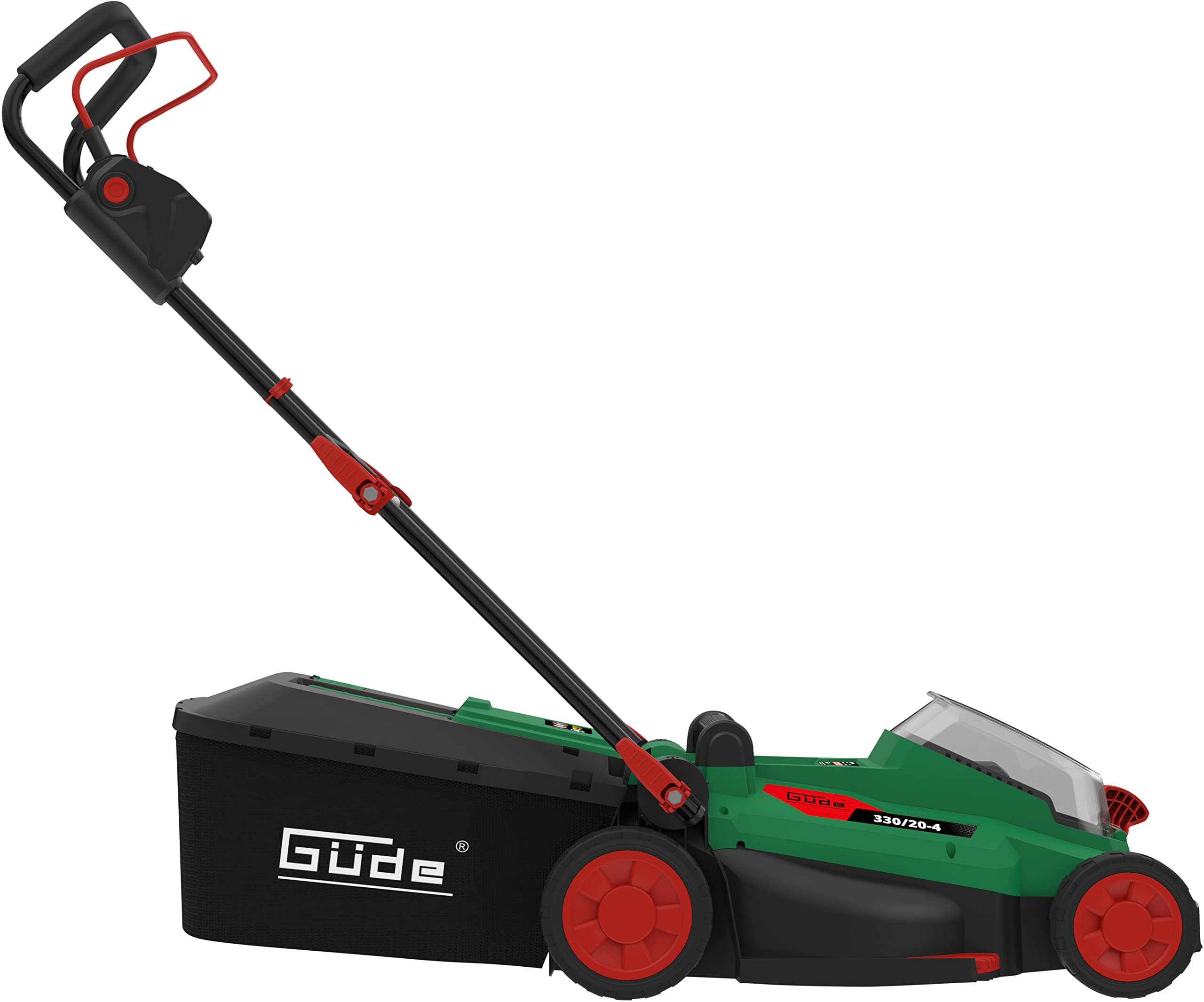 Güde Alpha 95809 kosiarka akumulatorowa 330/20-4 (wydajny, bezszczotkowy silnik, akumulator litowo-jonowy 20 V/4 Ah, szerokość cięcia 330 mm), zielona/czarna/czerwona