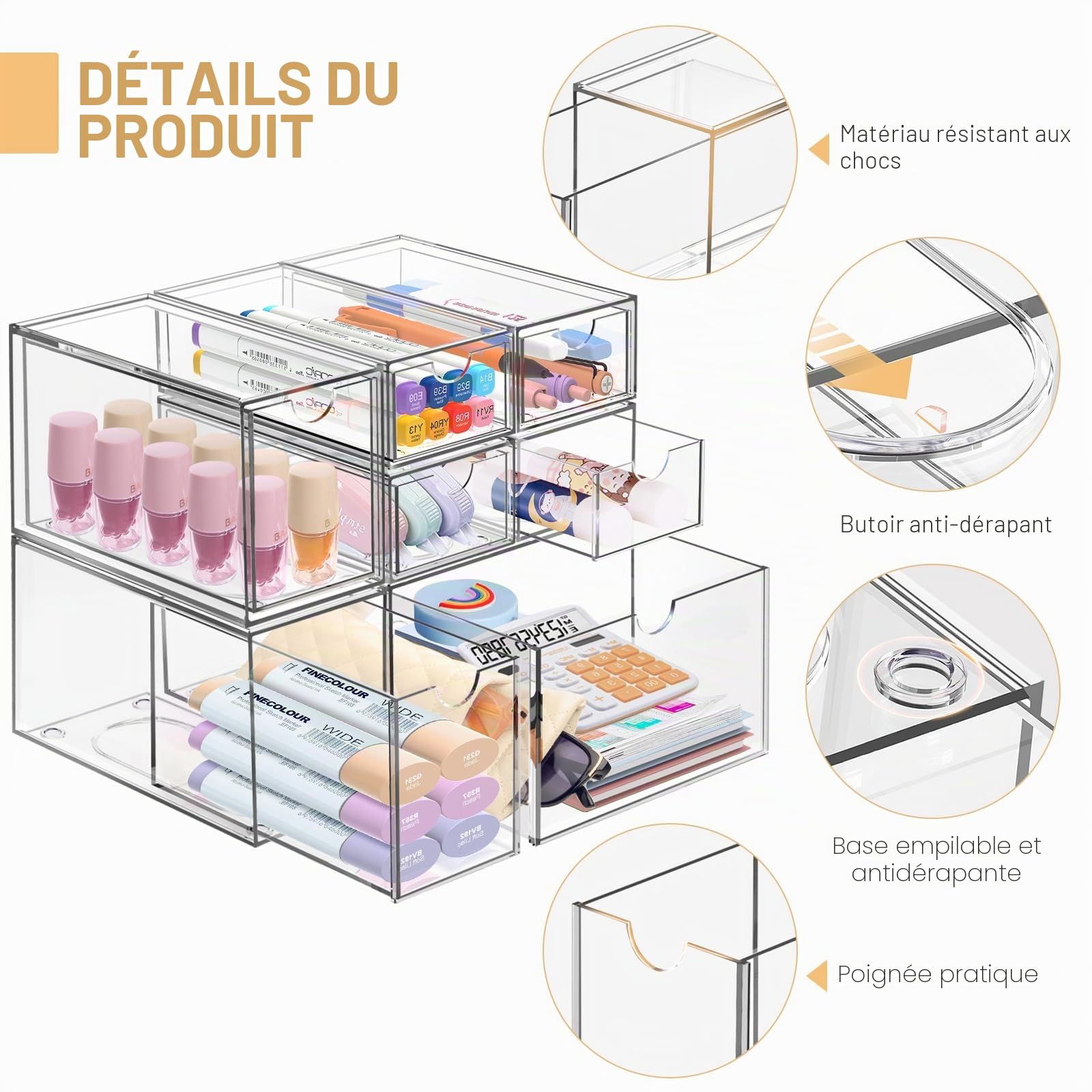 Lot de 7 tiroirs de rangement empilables en acrylique transparent avec 7 tiroirs de rangement pour bureau, salle de bain, chambre à coucher