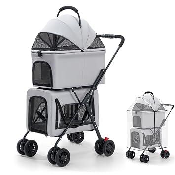 Pet Stroller Double Deck 4 Wheels Withe Rain Cover - Easy-Fold Dog Cat Stroller for Small Medium Dog Cats Carrier, Travel Folding Carrier Breathable and Visible Mesh with Cup HolderGray