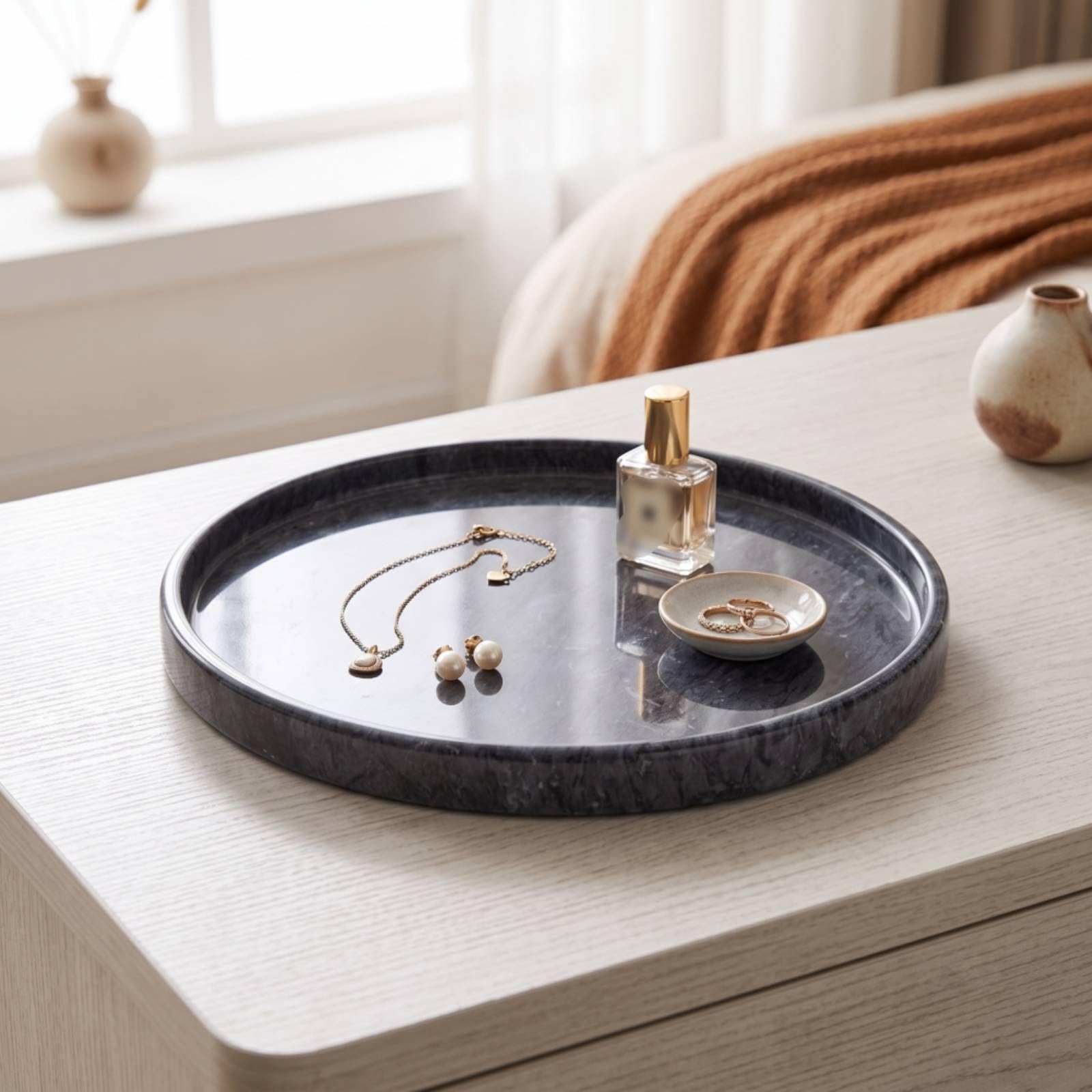 perfk Banja Mármol con Diseño Funcional Superficie Pulida Organizador Joyas Cosméticos y Llaves para Baño y Tocador Apta para Regalo, 30cm