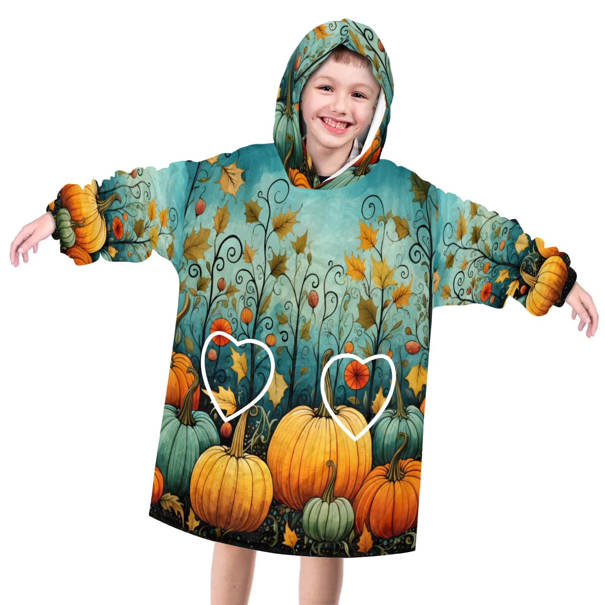 Wearable Blanket Hoodie for Kids, Pumpkins Fleece Sweatshirt Blanket Oversized Blanket Sweatshirt with Pocket Flannel Warm Hooded Blanket 6-10 Year Old Girl Boy Gift, One Size