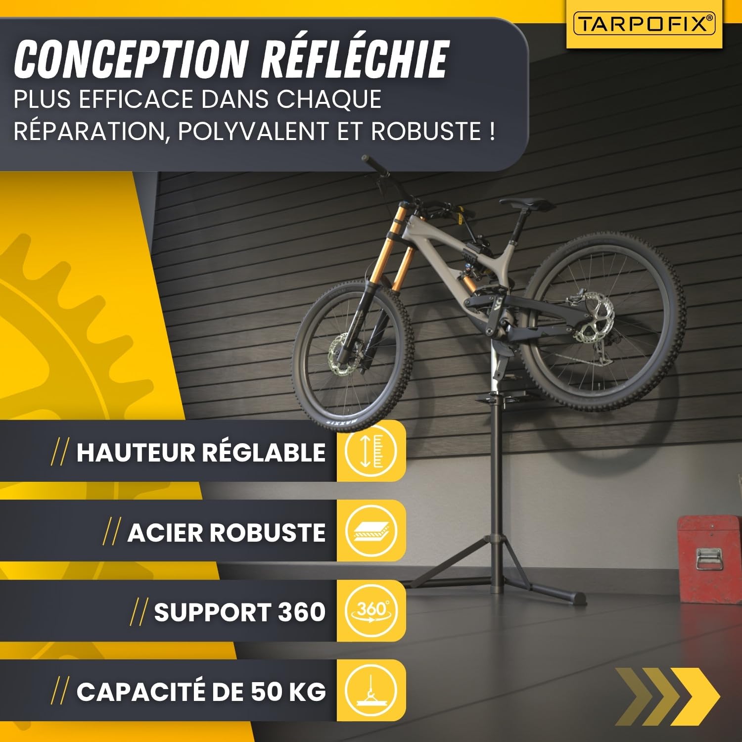 Tarpofix® Pied Atelier Velo Charge 50 kg Support Reparation Velo | Hauteur Réglable pince Rotative 360° Pied Atelier VTT Electrique | Pieds d'atelier Vélo Pour tous les Types de Vélos