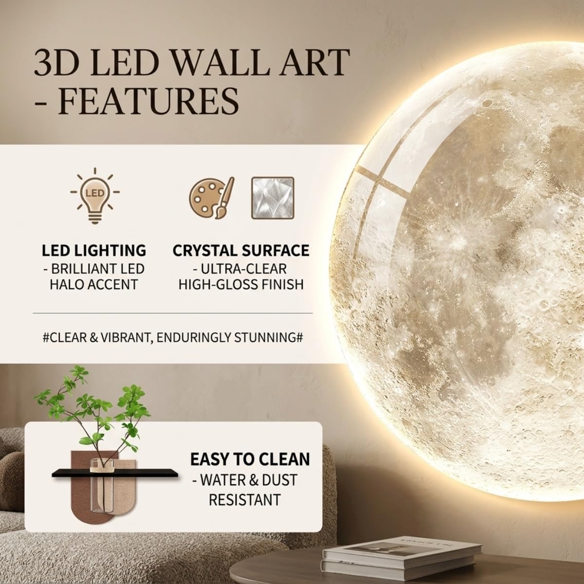 Decorazione da parete a LED, tela illuminata 3D con vaso per piante, decorazione moderna per soggiorno e ingresso, decorazione unica per la casa, 80 cm