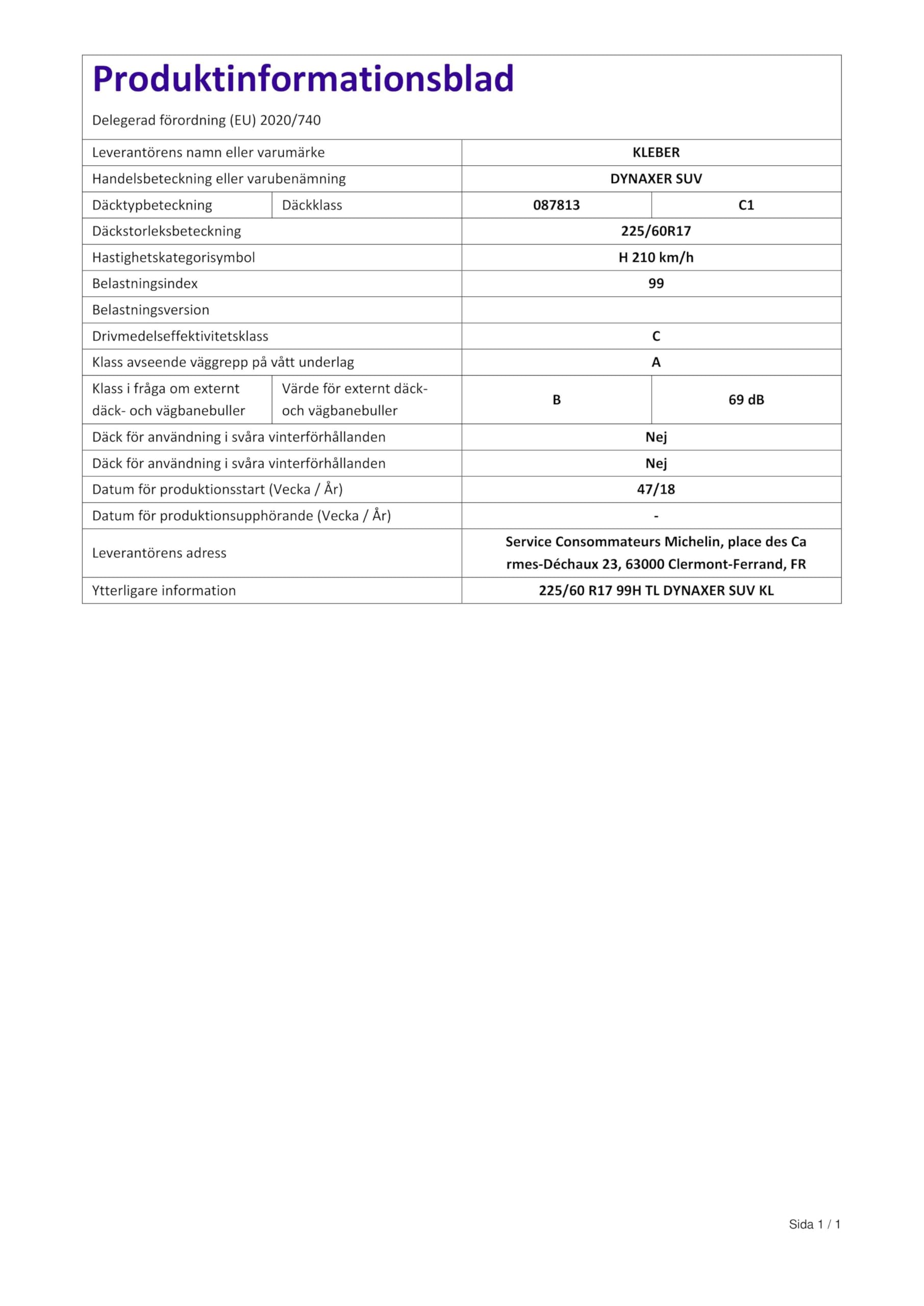 225/60HR17 KLEBER TL DYNAXER SUV(EU) 99H *E*