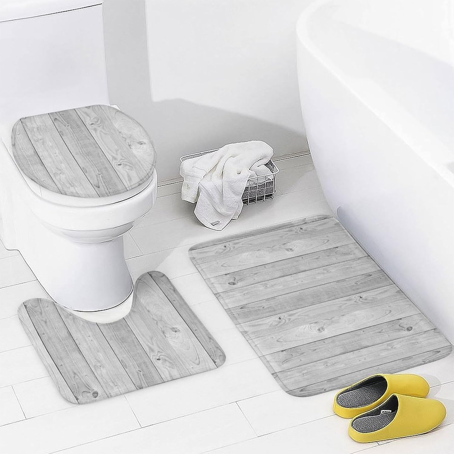 Wood Grain 4 Piece Shower Curtain Sets, Oak Wood Texture 4 Piece Bathroom Sets with Hooks, Non-Slip Rugs Bath Mat Toilet Cover U Shaped Mat, 72x72 in