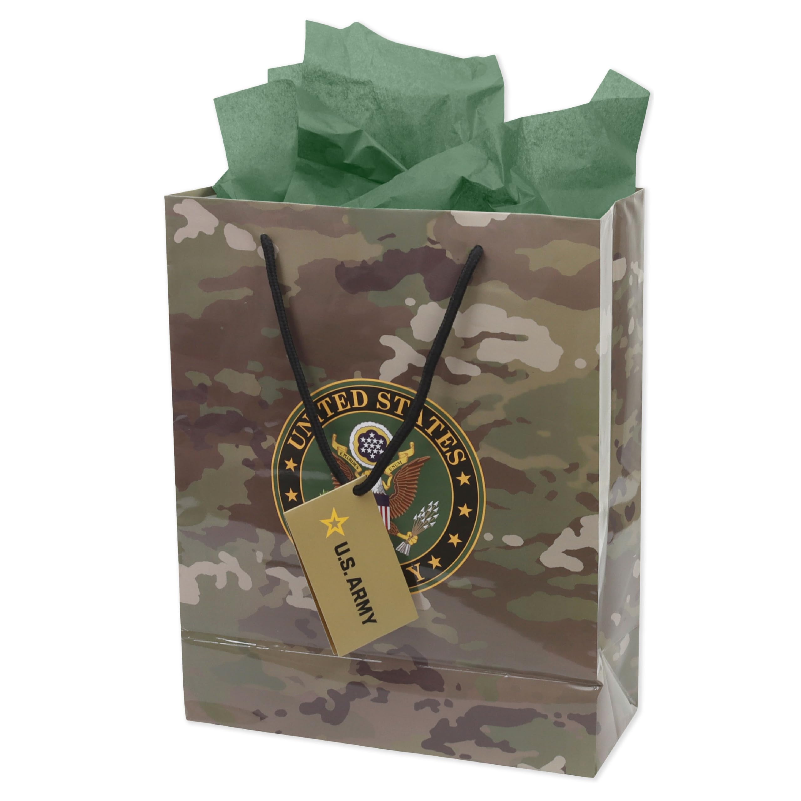 Havercamp U.S. Army Gift Bag (1) Stunning, Durable Medium Bag - Includes 2 Hunter Green Tissue Papers, Black Rope Handles & Tag, Army Themed Gift Bag, Veteran Gifts (Brown & Green)