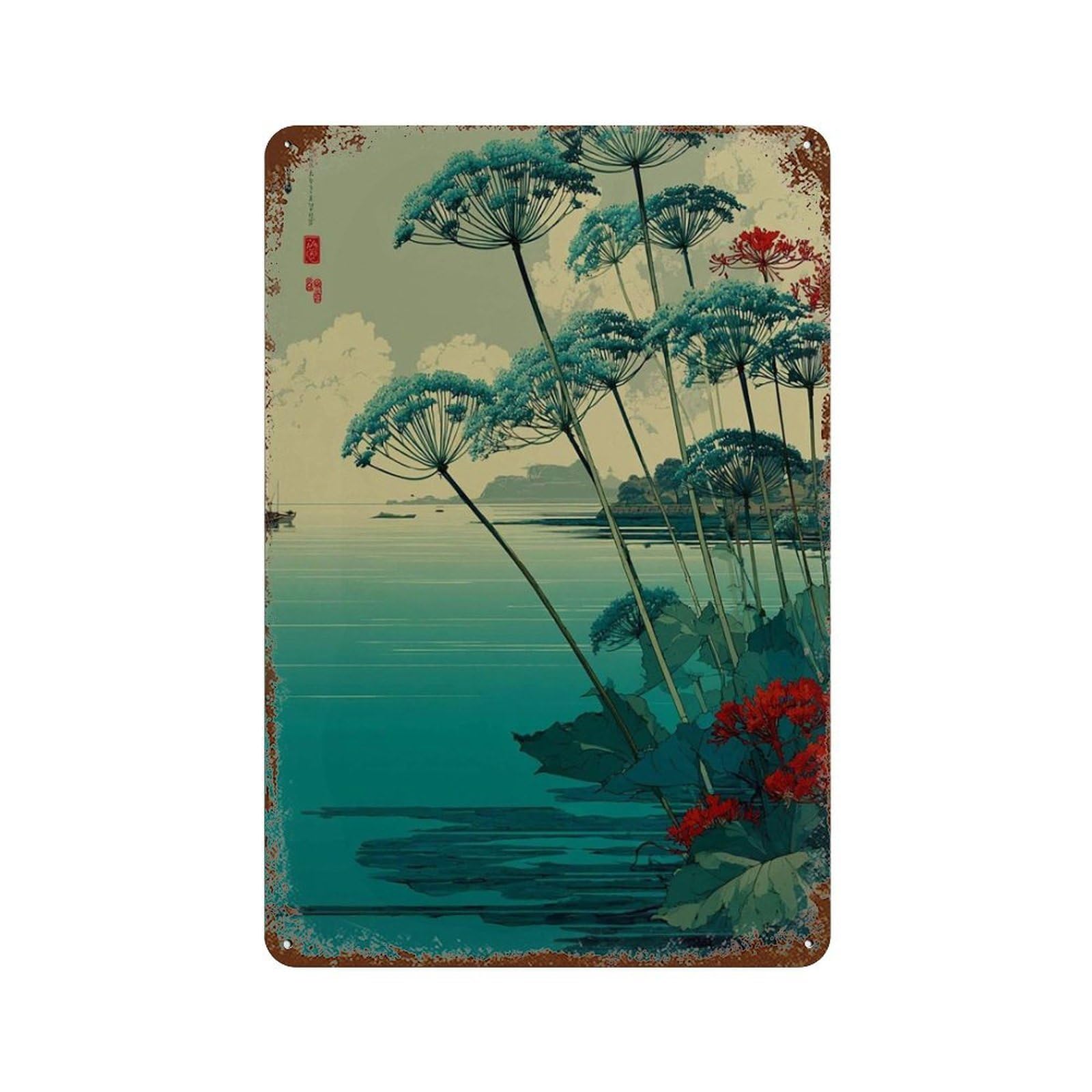 xiaoxiaoshen Japanese Coastal Landscape – Serene Sea with Wildflowers Boat & Horizon Asia Wall Decor Art Metal Tin Poster Modern Home Decor Art Home Bar Shop Decorations Vintage Sign 30x20cm