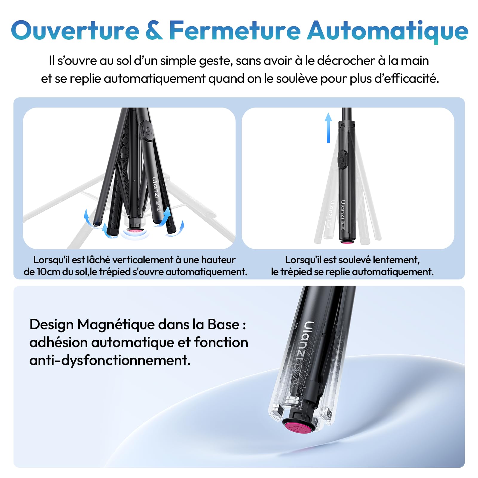 ULANZI SK-21 [2026 Améliorée] 180cm Trépied Quadruple à Ouverture et Fermeture Automatique Support Magnétique à Quadruple Perche à Selfie Bluetooth, Tripod Compatible avec iPhone 17-12 Magsafe Samsung