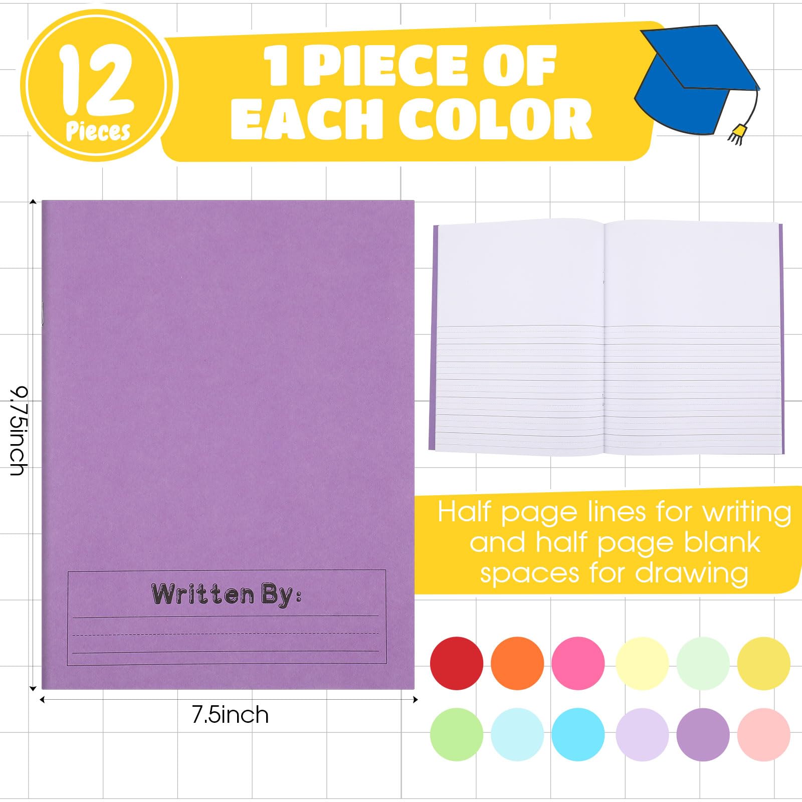 Henoyso Lot de 12 carnets de composition primaire K-2 9 3/4 x 7 19 cm Livre d'écriture vierge pour enfant pour écrire des histoires, dessiner et écrire un journal d'écriture de 60 pages Fournitures