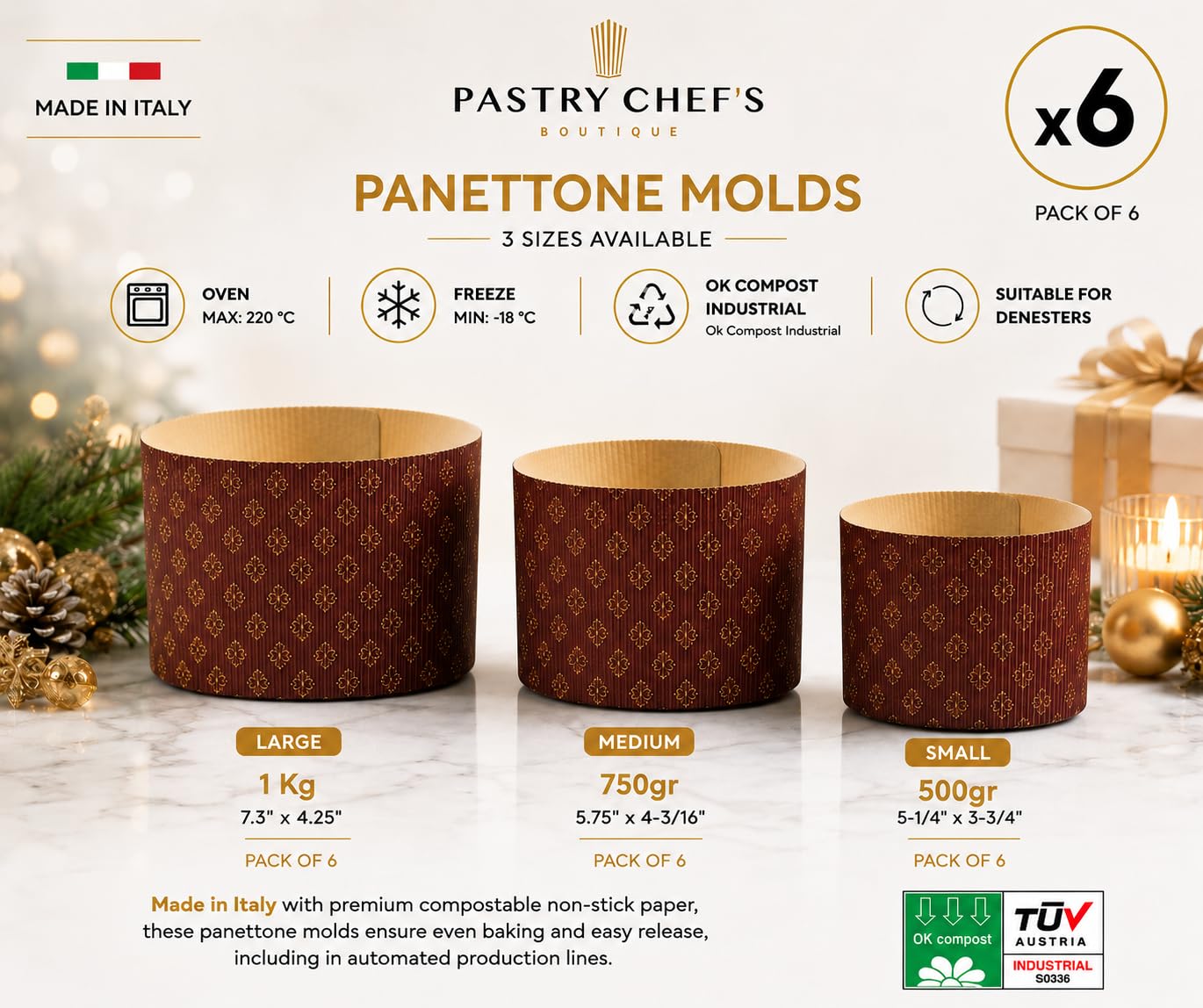 Pastry Chef's Boutique Molde de panettone corrugado de lujo – grande – 1 kg – 6-5/8 pulgadas x 4-5/16 pulgadas – Paquete de 6