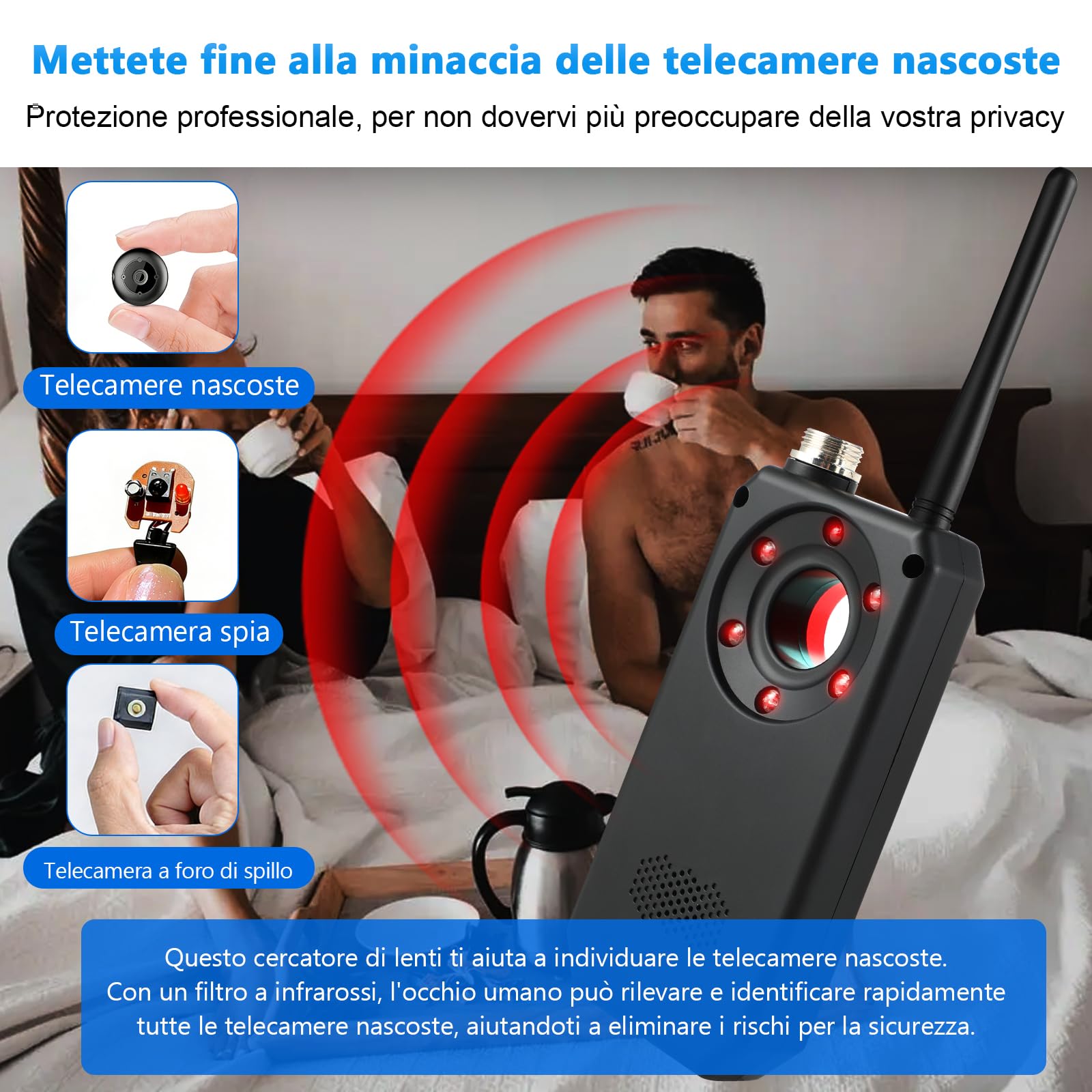 Rilevatore Microspie Senza Fili 6 in 1 - Detecțeur Telecamere Nascoste, GPS, RF e GSM, Rivelatore di Dispositivi di Ascolto, Rilevatore di insetti per Hotel, Ufficio, Casa