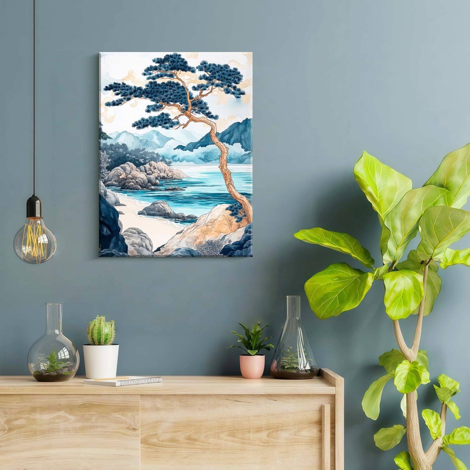 Framed Japanese Pine Trees Landscape Picture Coast Mountains Wall Art Decor Canvas Print Nature Print Artwork Poster Gallery Bedroom Living Room Office 16x24 Inch Ready to Hang