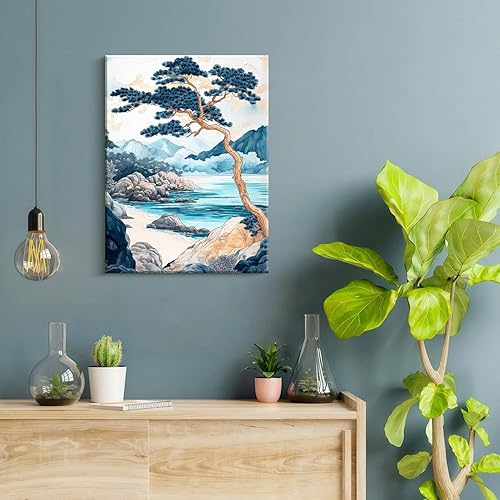 Miniatura 2 de 1 pieza enmarcada para decoración de pared, impresión en lienzo, pinos japoneses, paisaje, costa, montañas, naturaleza, póster de galería,