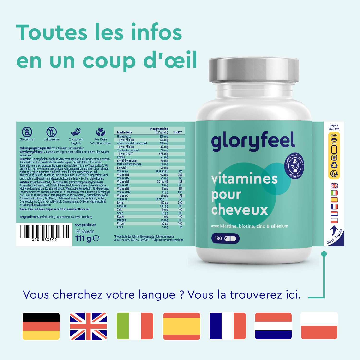 Vitamines Cheveux avec Biotine, Zinc & Sélénium, Pousse Cheveux, Anti Chute de Cheveux, 180 Capsules, Extrait de Millet & Kératine, 24 Vitamines & Minéraux, Sans Additifs & Testé en Laboratoire