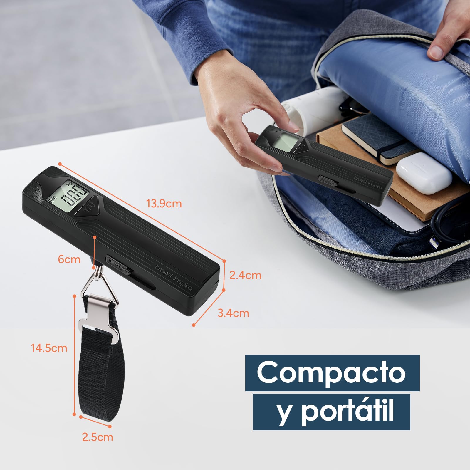 travel inspira Báscula para Maletas Portátil, Pesa de Viaje Mano Sin Pilas con Pantalla Grande y Función Tara, Báscula de Equipaje Autogenerable, Capacidad 50kg/110lb