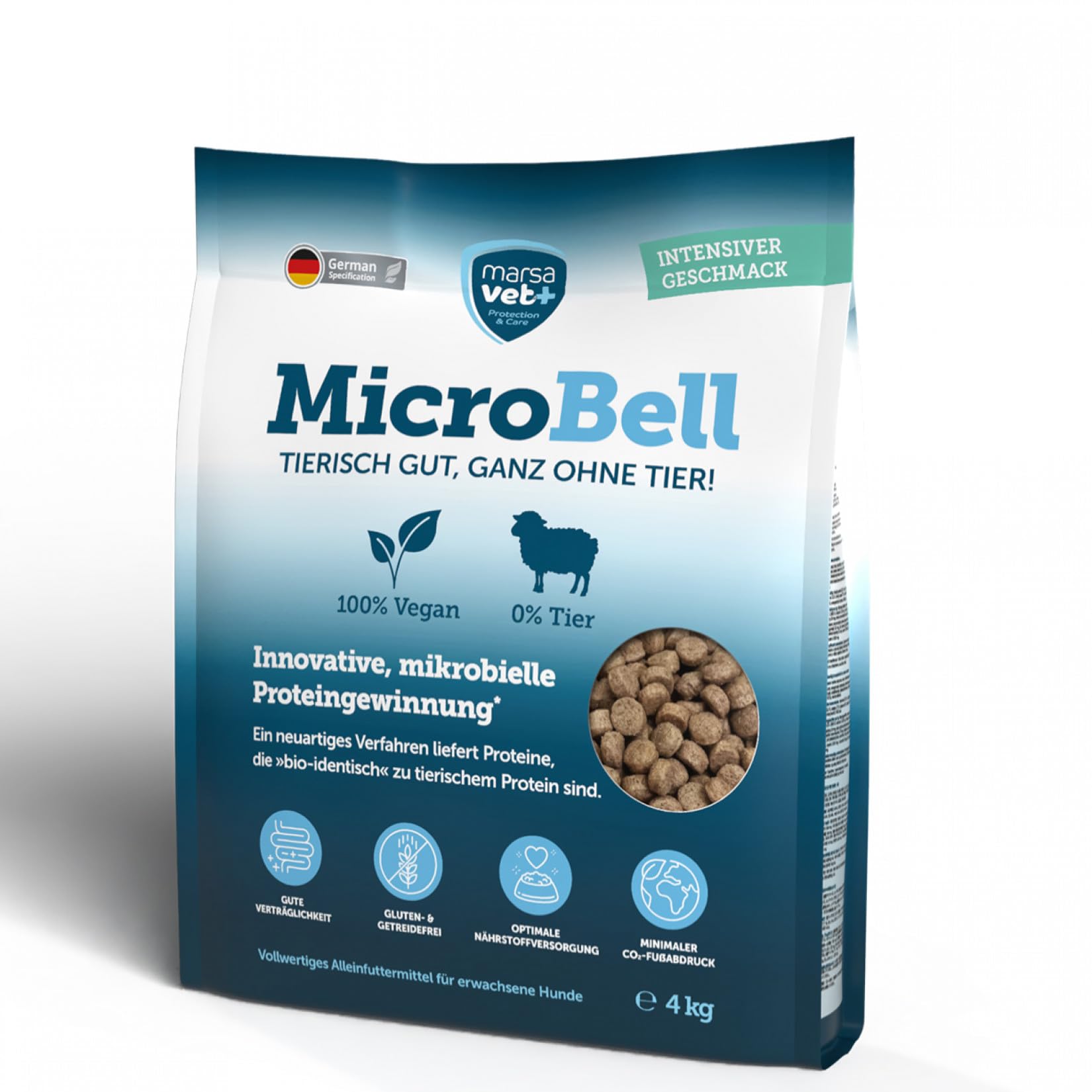 Marsavet sucha karma MicroBell – 4 kg, monoproteinowa karma dla psów z białkami mikrobiologicznymi, odpowiednia dla wegetarian, alergików i wrażliwych psów, bez glutenu i zbóż.