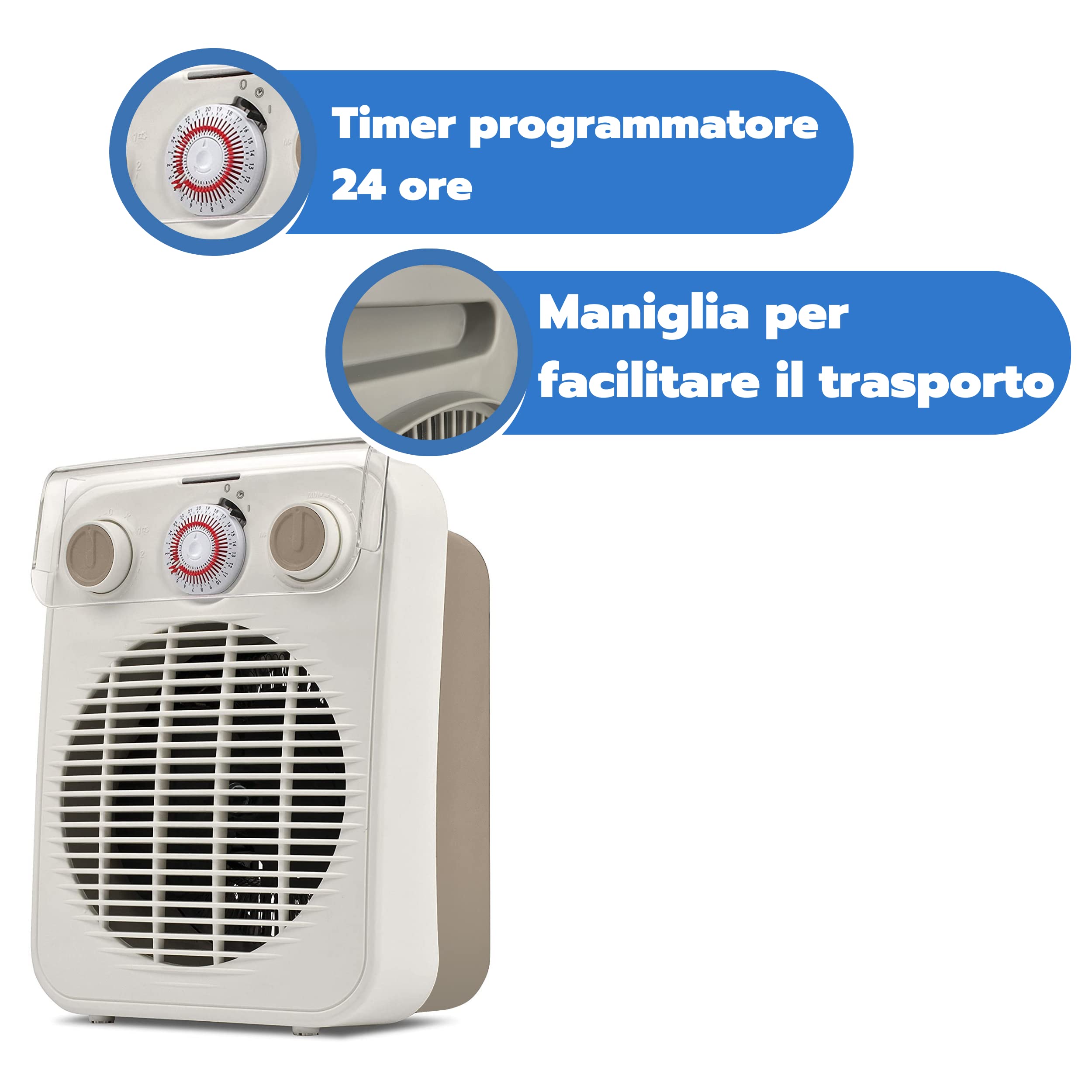 ARDES | AR4F10TI Termoventilatore a Filo CHRONOS, Stufetta Riscaldante 2 Potenze Eco/comfort, Termostato Temperatura Ambiente, Stufetta Scaldino Portatile con Timer 24H e Sicuro Contro I Liquidi