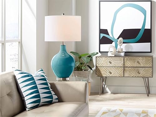 Miniatura 3 de Color + Plus Moderna lámpara de mesa de 28.5 pulgadas de alto azul caribeño de cristal marino OVO blanco lino tambor pantalla para sala de estar,