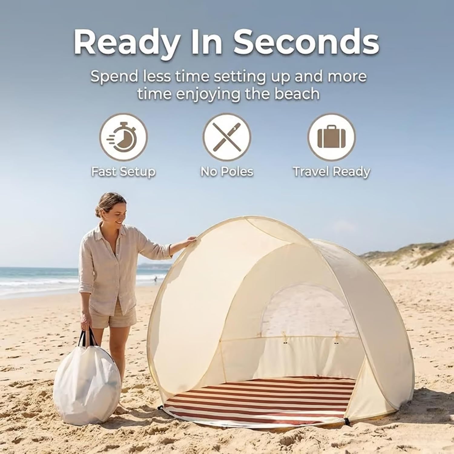 Abri de Plage Pop-Up Tente de Plage – Portable, spacieux, Pare-Soleil de Voyage, Protection UV 50 avec Sac de Transport, pour 2 à 3 Personnes (Plein air, Camping, Pique-Nique, Jardin)