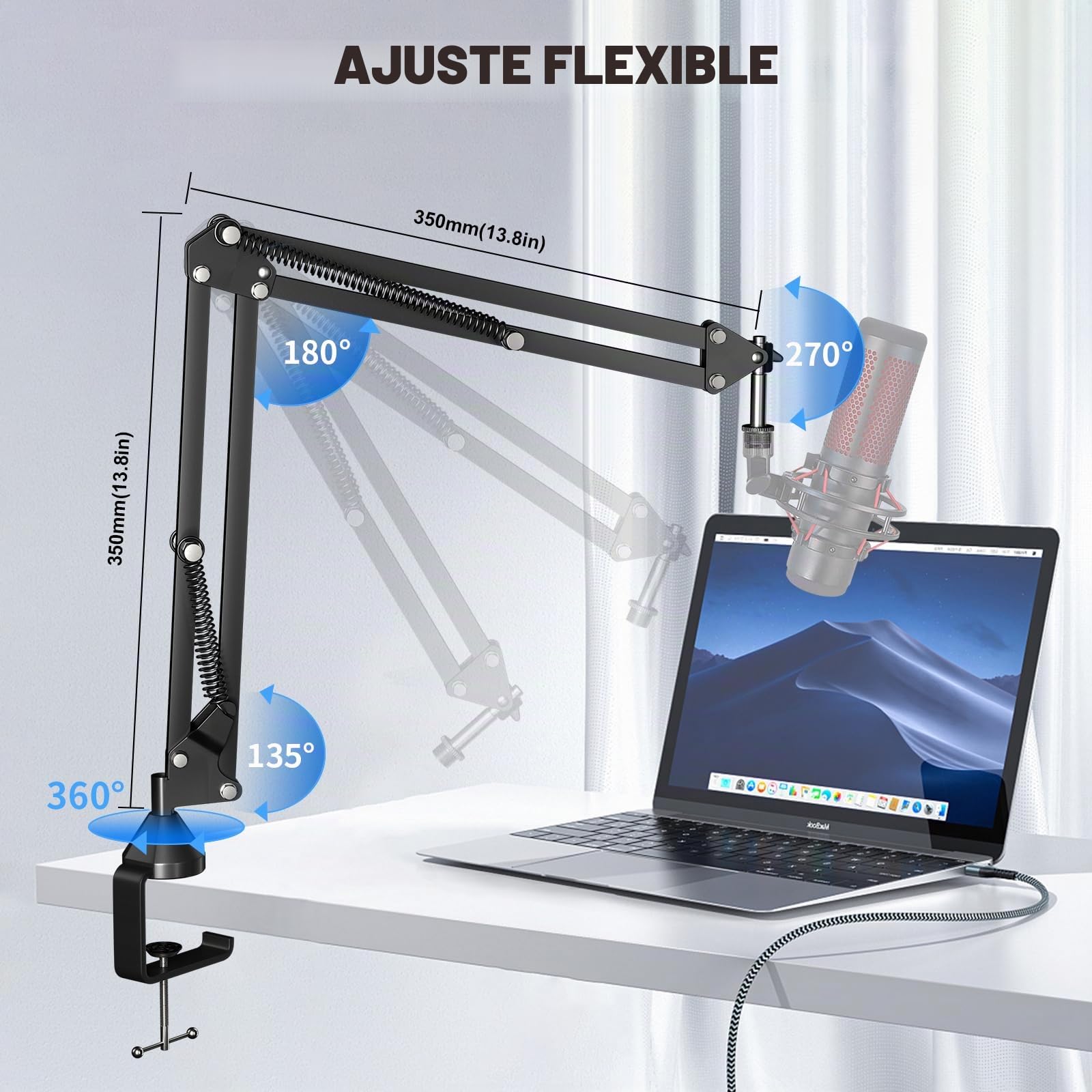 Soporte de Micrófono,Aokeo AK-35 Brazo de Micrófono ajustable negro Profesional para Micrófono de HyperX QuadCast,Blue Yeti,Blue Snowball,Etc