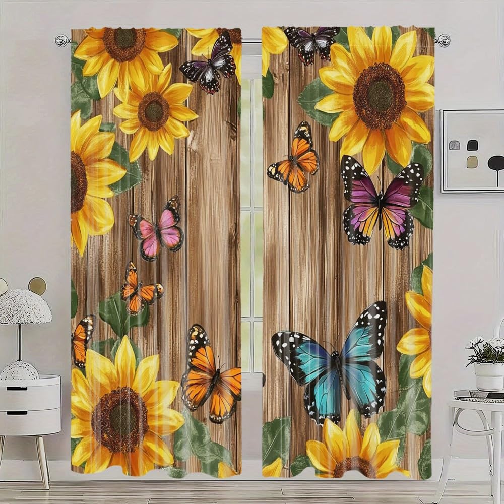 Sunflower Blackout Curtains Panels Farmhouse Wood Board Sunflower Butterfly Decorative Treatments Privacy Drapes Light Blocking Thermal Insulated Grommet Drapes for Window, W55" x L63" x 2 Panels