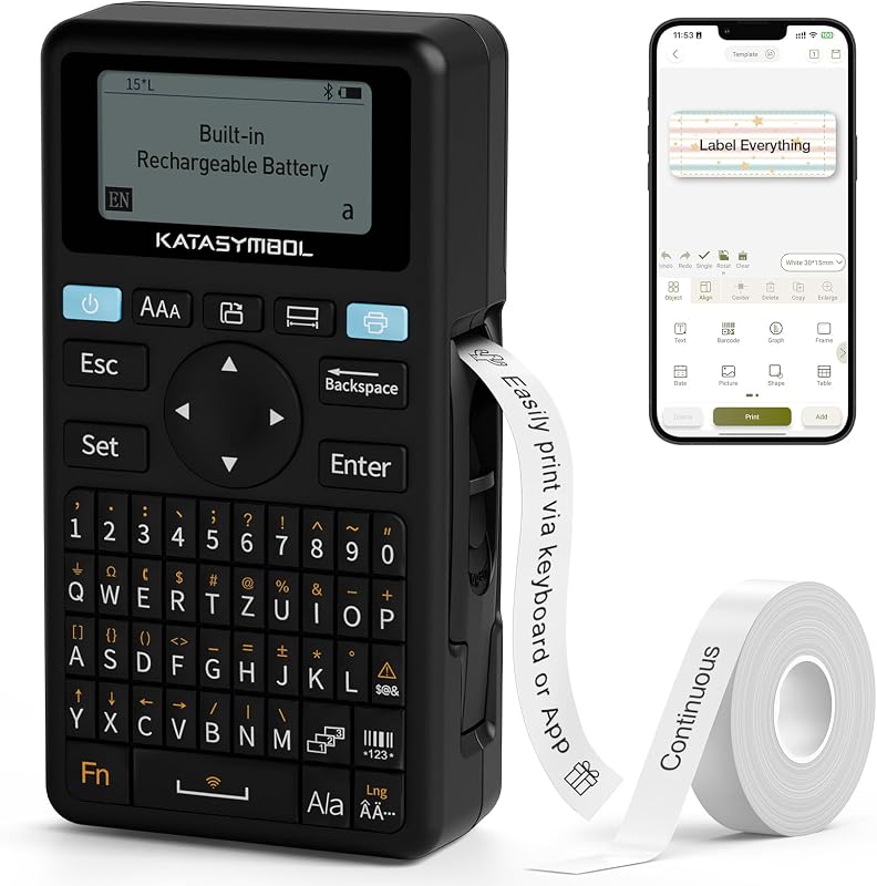 SUPVAN E11 Keyboard & Bluetooth Label Maker Machine with Tape, Black | Rechargeable, Versatile App with 30+ Fonts and 660+ Icons, Minimal Margin, Inkless, for School, Home, Kitchen, Office
