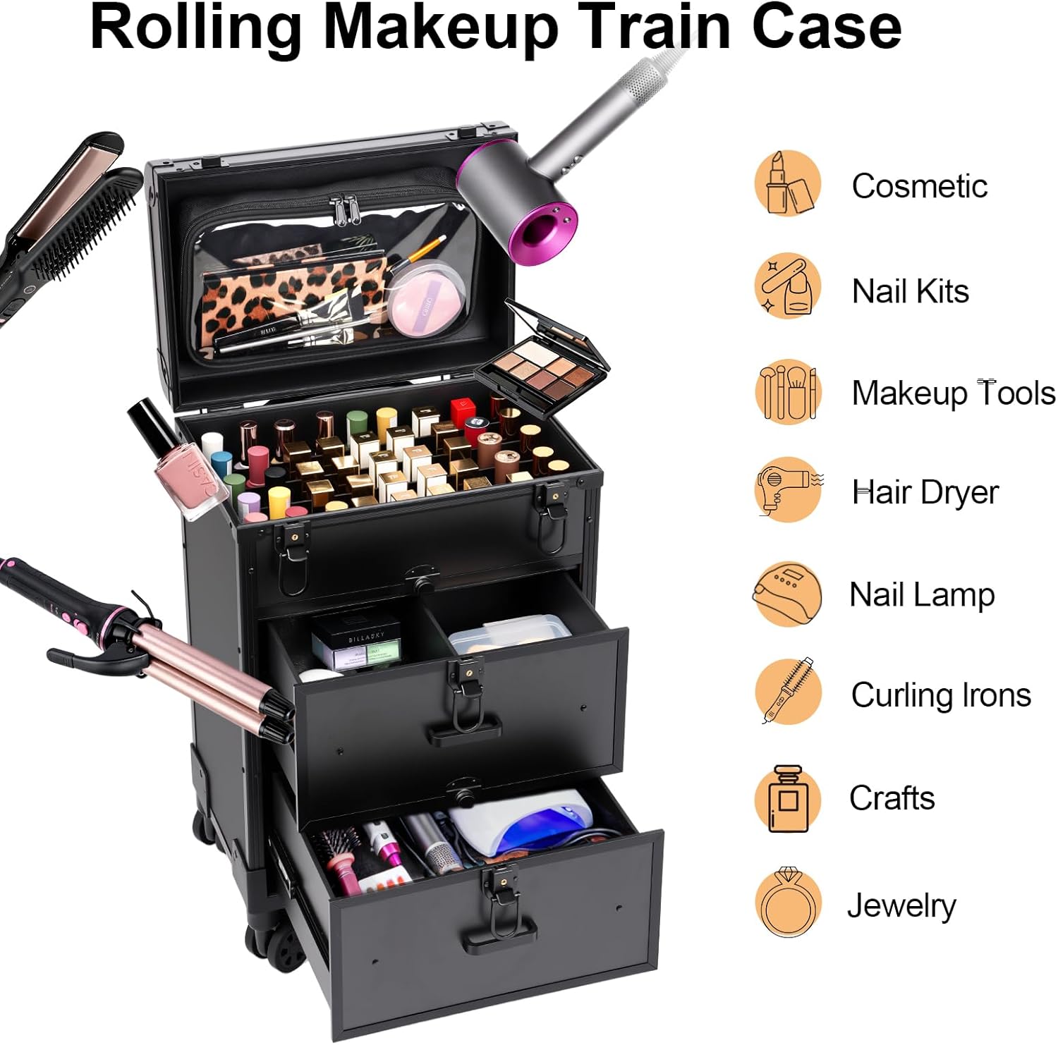 3 in 1 Rolling Makeup Case, Professional Cosmetology Case on Wheels with 2 Drawers, Ideal Gift for Hairstylist, Nail Techs, 3 Tiers Portable Beauty Organizer Case for Travel or Salon Use, Black - Image 8