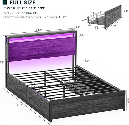 Miniatura 3 de Homieasy Base de cama de tamaño matrimonial con 4 cajones de almacenamiento y estación de carga, plataforma resistente con cabecera de