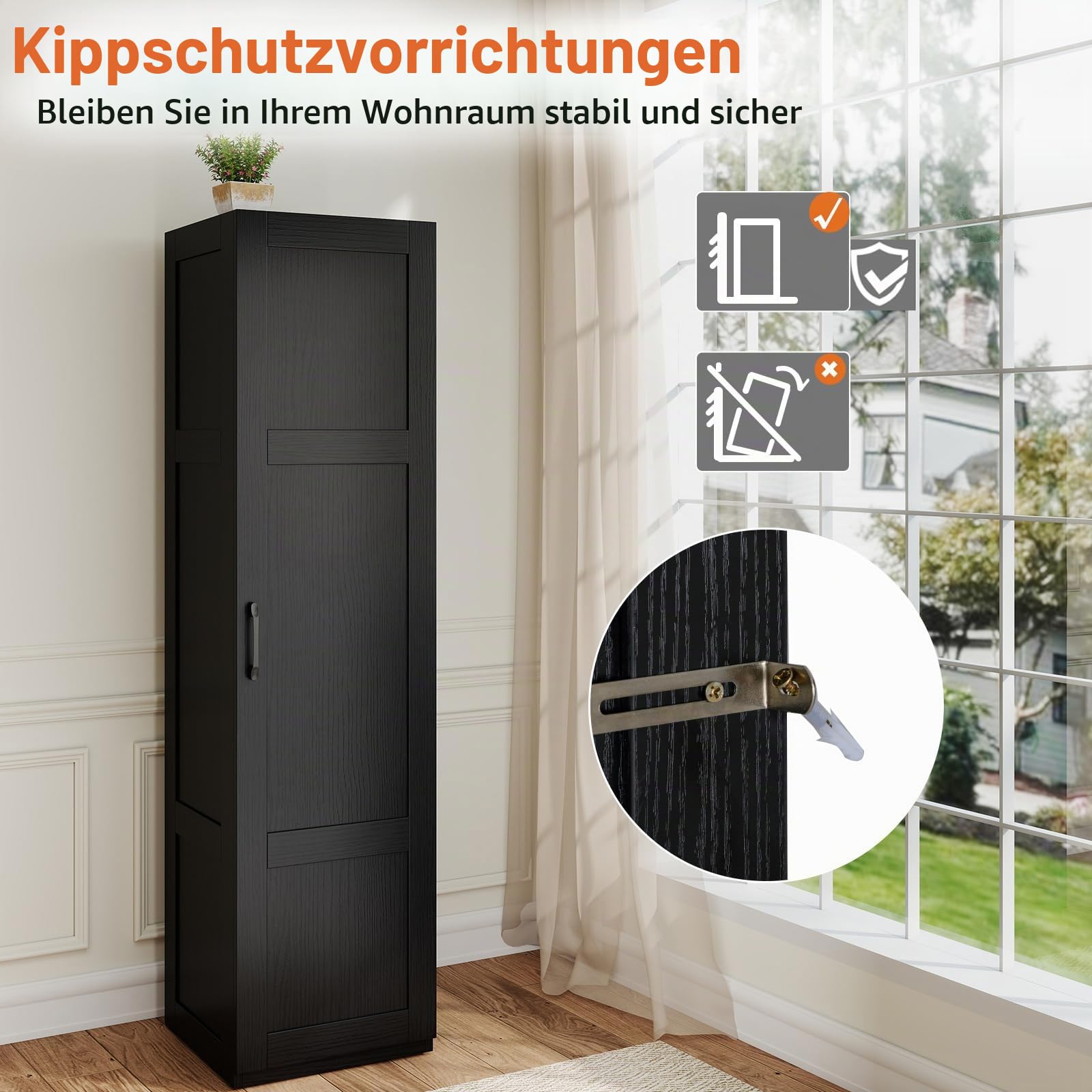 FANTASK Hochschrank schmal 4-stufig, Aufbewahrungsschrank mit Tür & Ablagefächern, Vorratsschrank freistehend für Küche, Wohnzimmer, Badezimmer, Schwarz