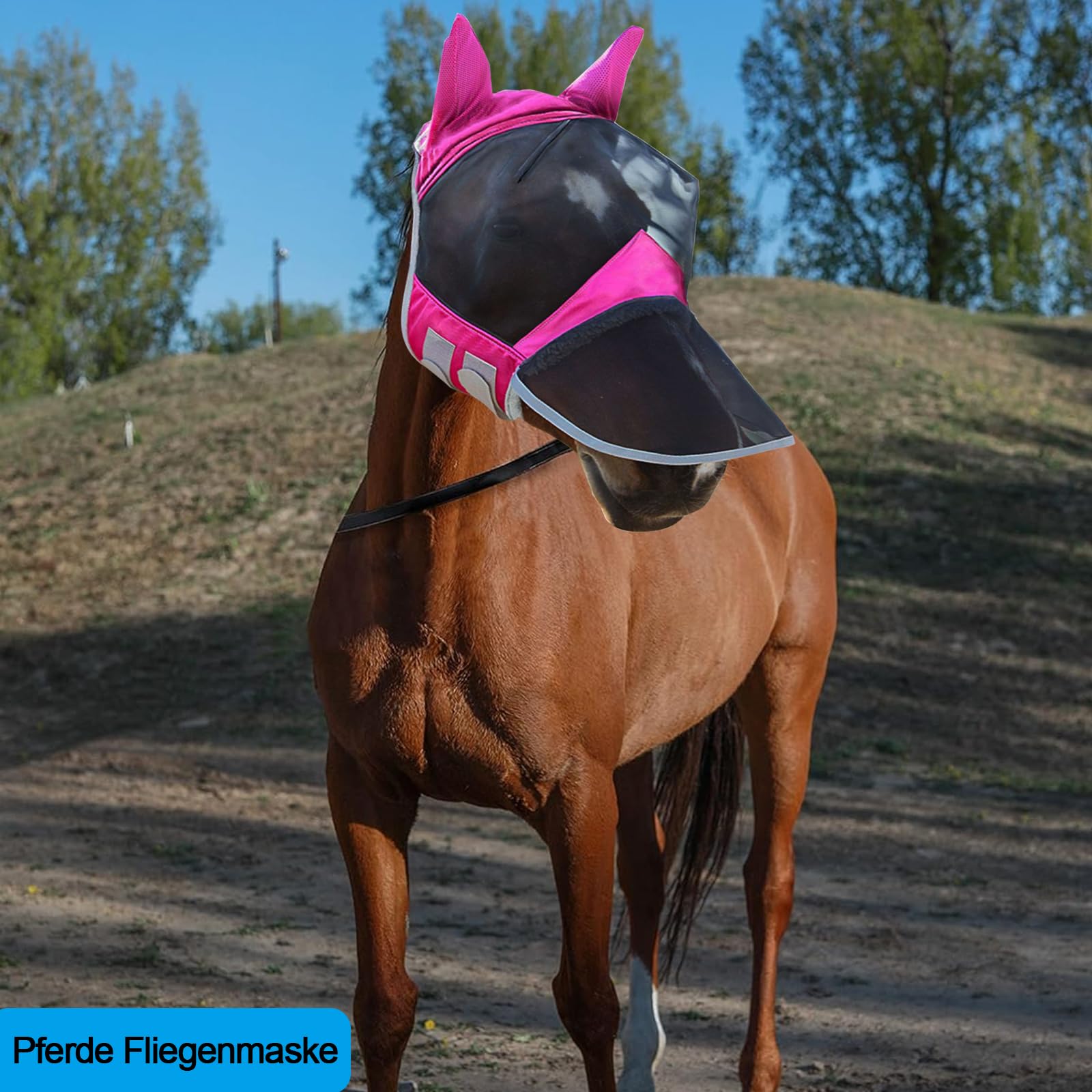 Masque Anti-Mouches Cheval Professionnel – Long Nez + Oreilles Intégrées – Tissu Maille Respirant Anti-UV – Rose Rouge – Protection Été Écurie & Pâture (L)