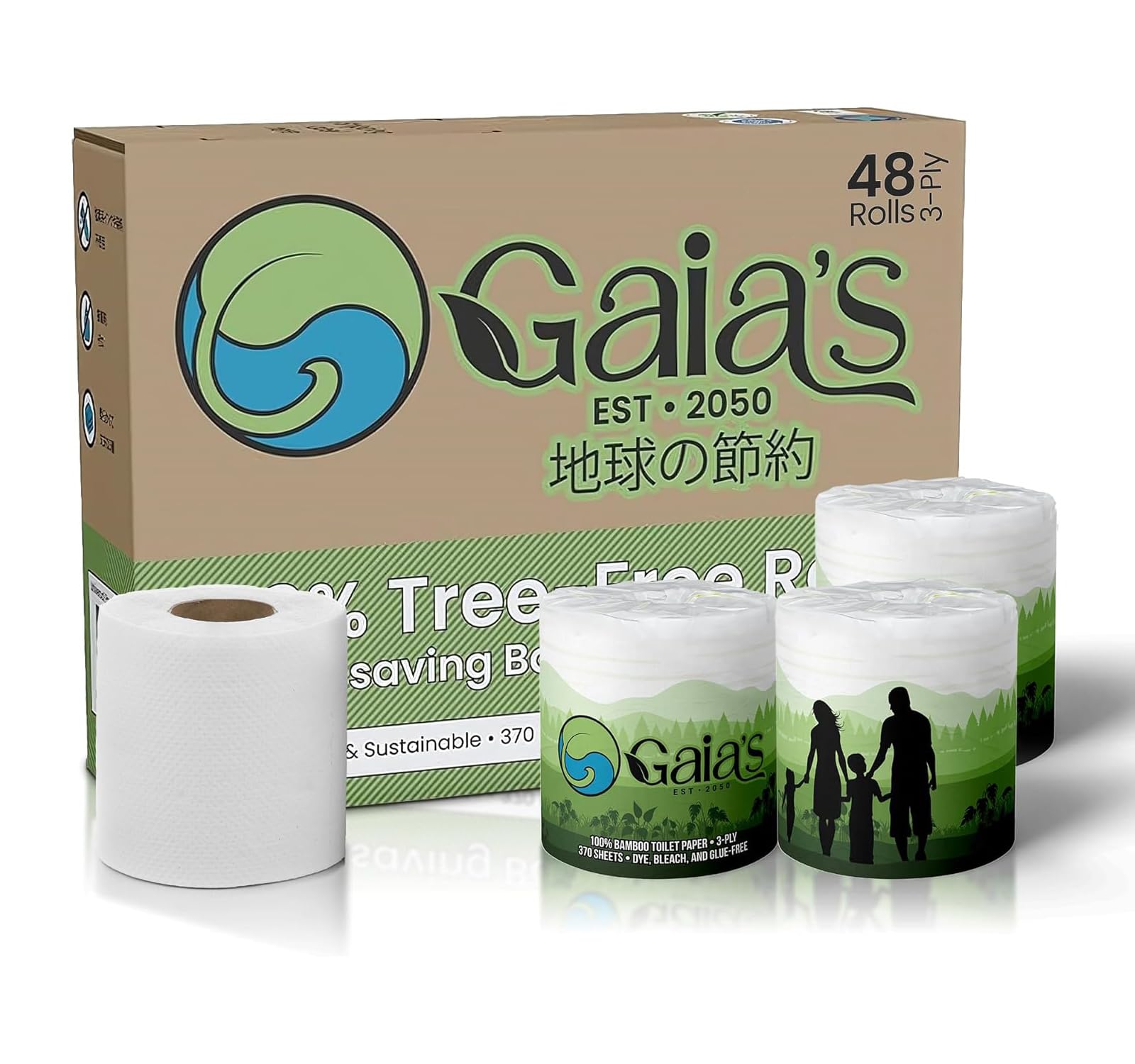GAIA'S - Papel Higiénico de Bambú Orgánico Suave y de, 48 Megas Rollos, 3 Capas, 370 Hojas, Certificado FSC, Libre de PFAS y BPA, Ecológico, Papel Sostenible, Embalaje Sin Plástico, Seguro